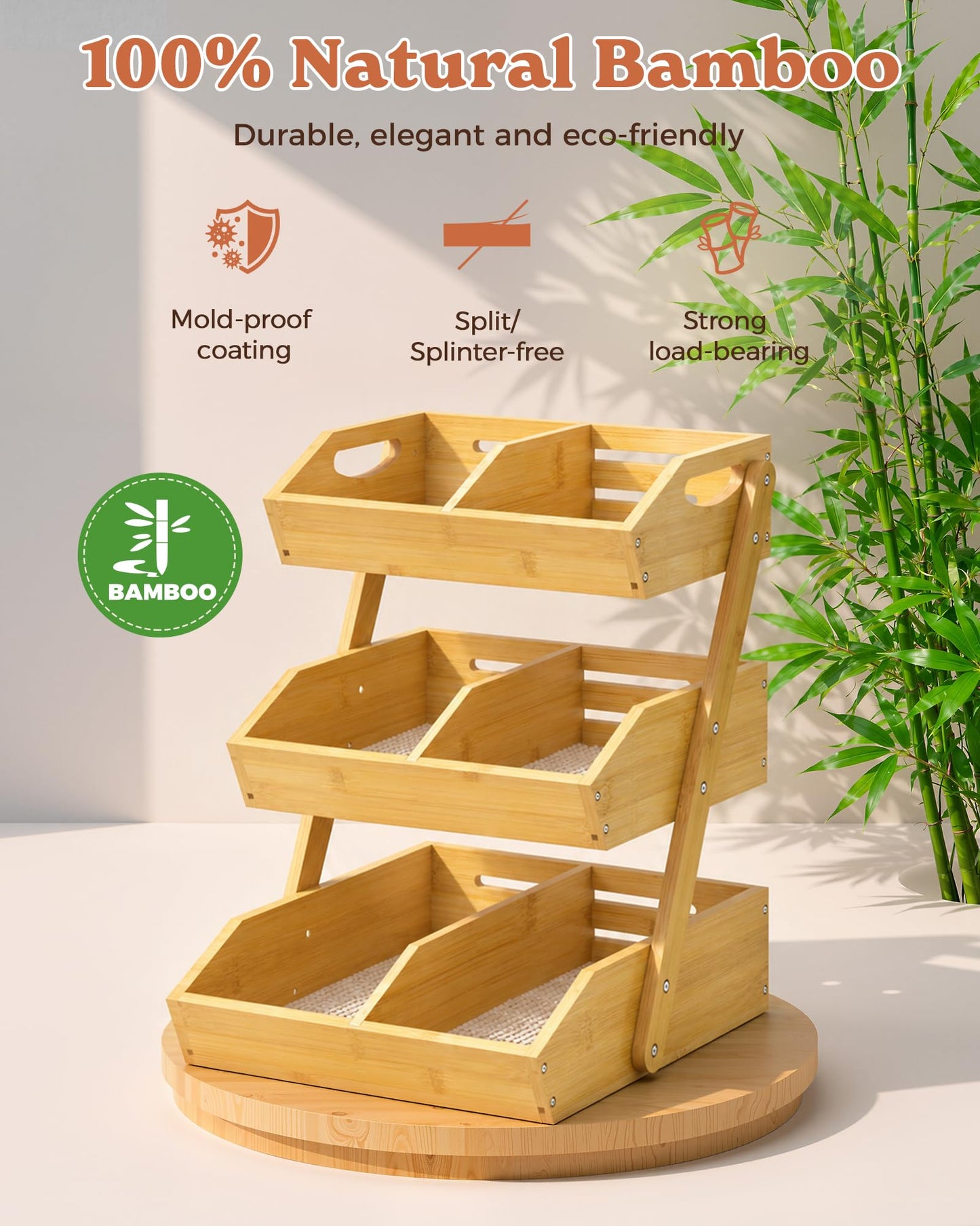 Sevenblue 3 Tier Large Bamboo Fruit Basket for Kitchen Counter with 2 Banana Holders, Kitchen Countertop Organizer with Protective Mats, Tiered Fruit Bowl for Bread Snack Veggies with Dividers