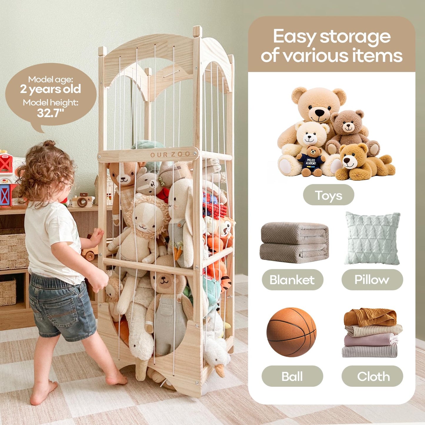 Fodoss Stuffed Animal Storage, Wooden Toy Storage Organizer with Arched Base, Detachable Bars & Lockable Wheels, 16.5" D x 16.5" W x 51.6" H