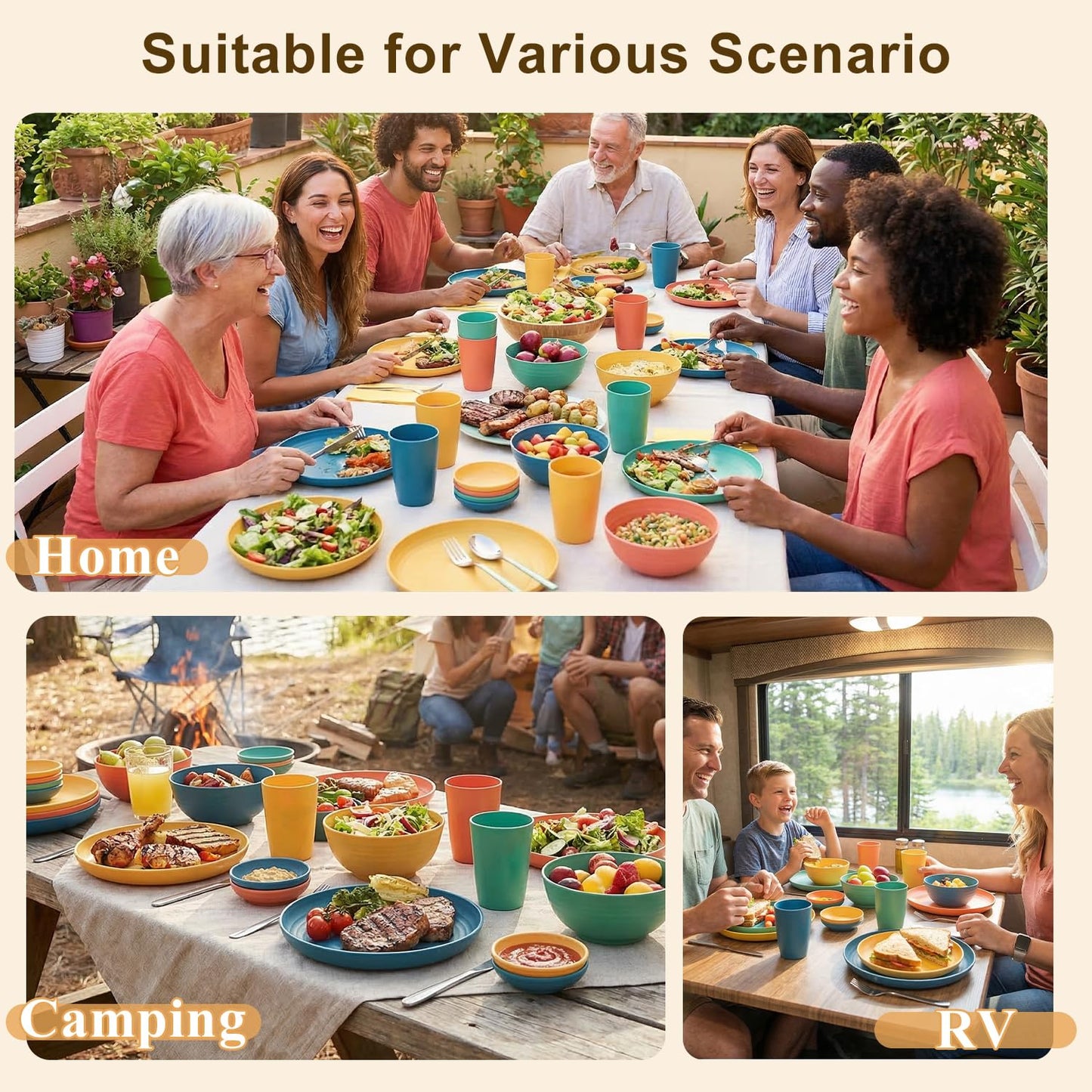 BUSOKIP Wheat Straw Dinnerware Sets 40 Piece, Kitchen Plates and Bowls Set, Unbreakable Dishes Set for 8, Microwave and Dishwahser Safe Dishware Sets for Home, Camping, RV, Party - Multi