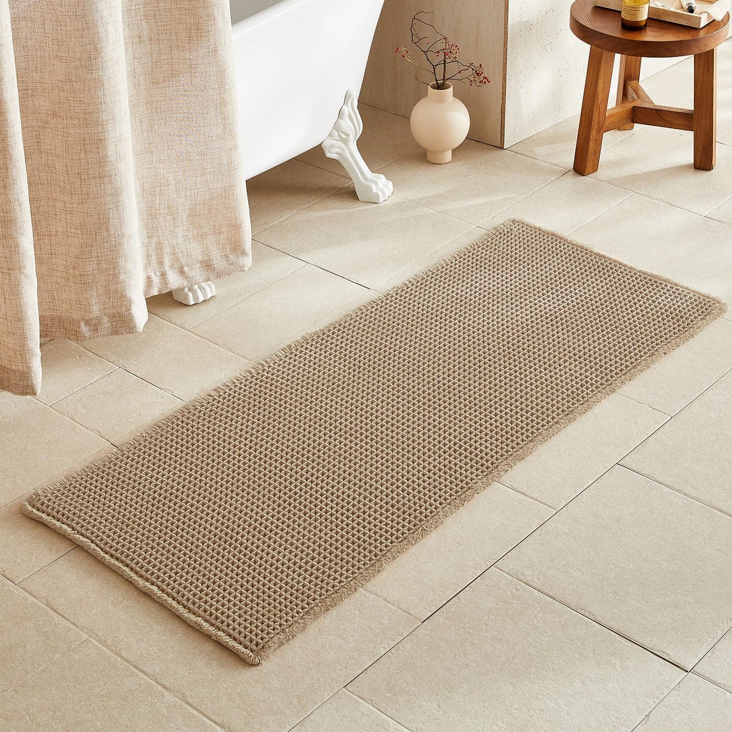 TYUU Waffle Runner Rug Bathroom, Long Boho Bathroom Rugs Non Slip Washable Super Absorbent Quick Dry Farmhouse Bath Decor, 60"x24" Khaki