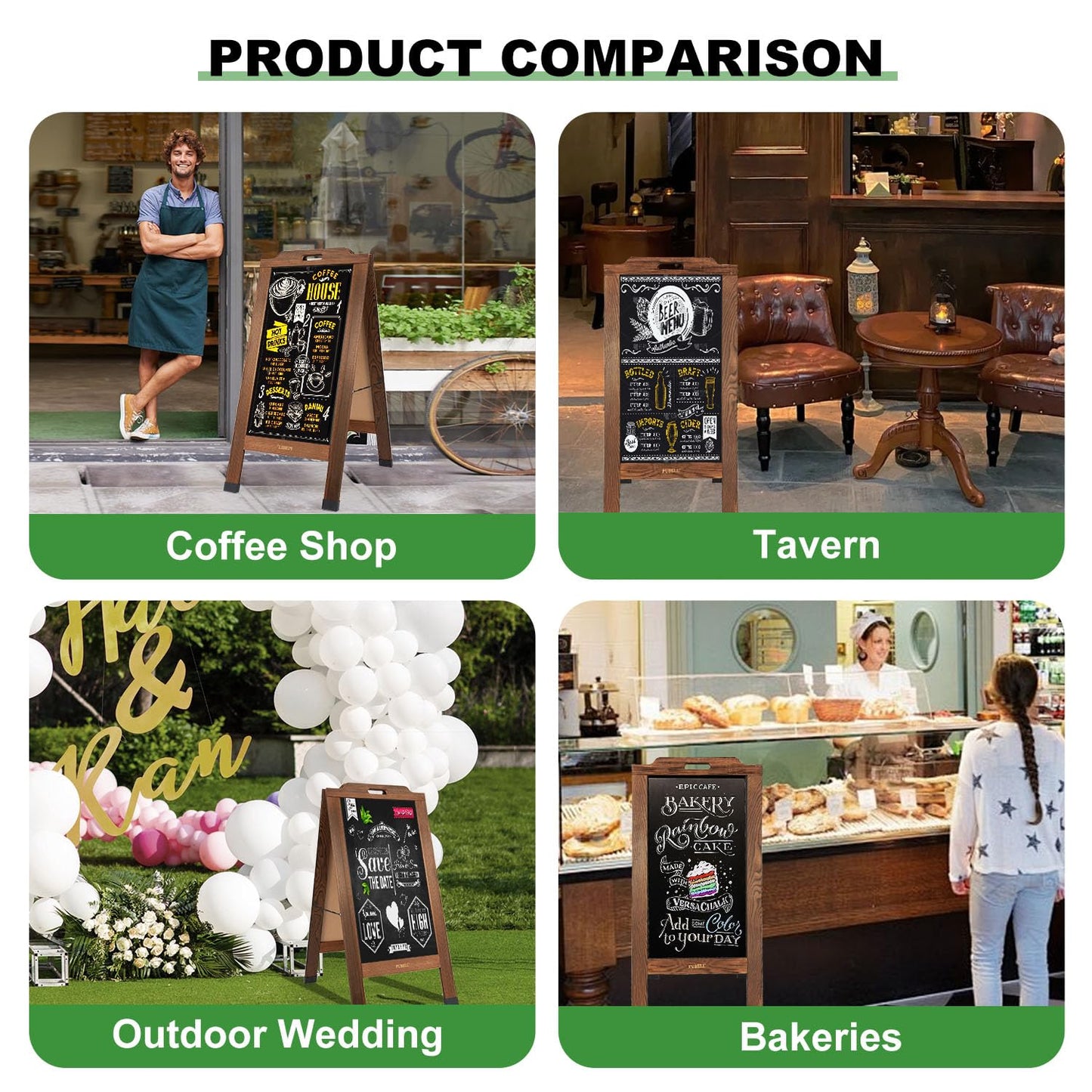 Magnetic Sandwich Board Sign - 40 x 20 Inches Brown Large Wooden A-Frame Chalkboard, Double-Sided Outdoor Easel Display for Sidewalk, Restaurant, Cafe, Shop, Wedding, Party or Business
