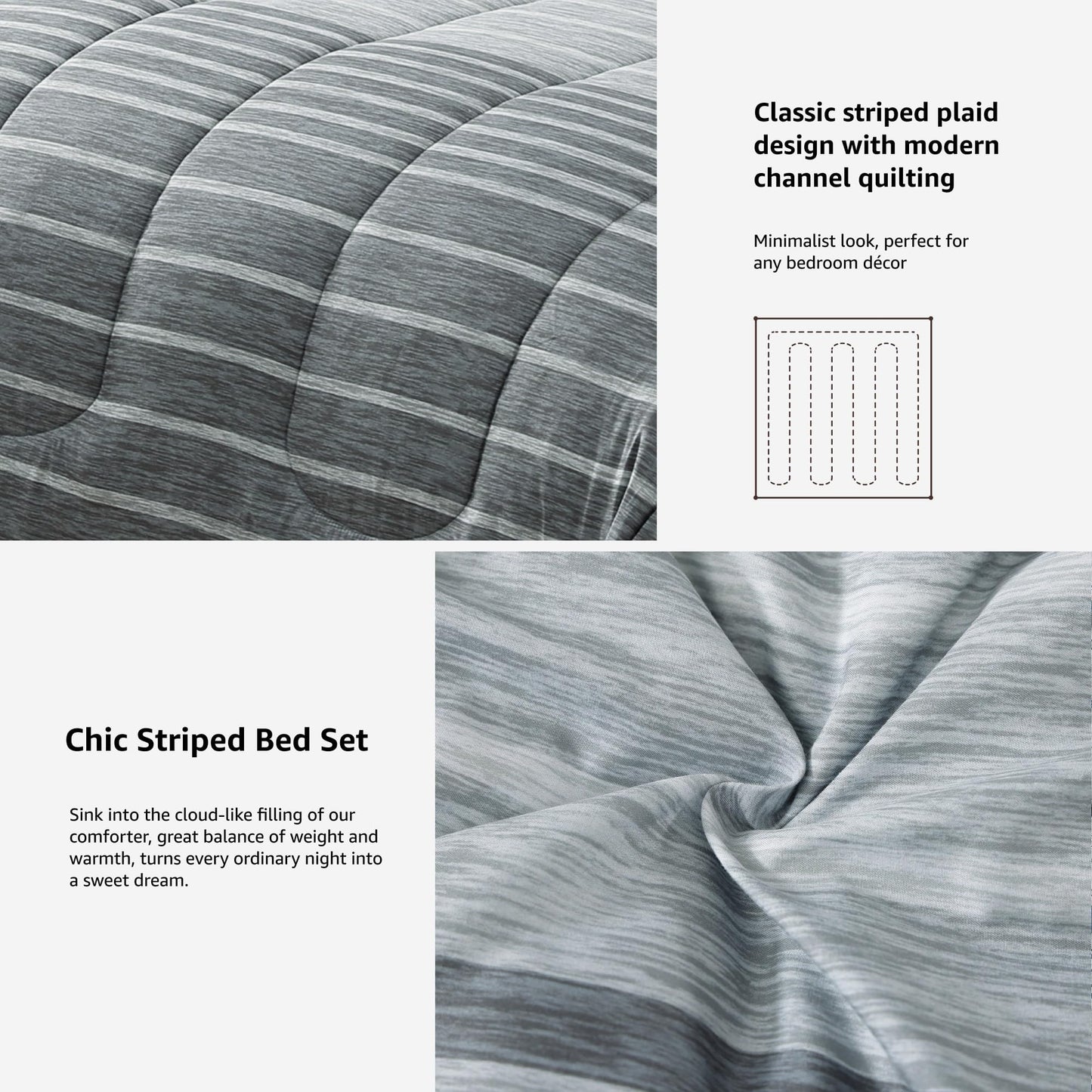 Monbix Queen Comforter Set - 7 Pieces Bed in a Bag Queen, Grey-Stripe Bedding Sets, All Seasons Comforter Bed Set with Sheets, Pillowcases & Shams