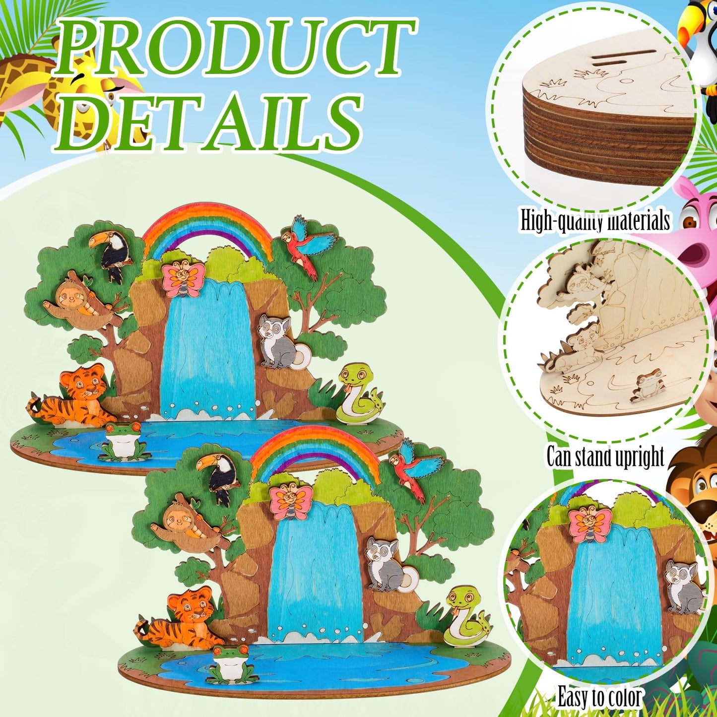DoubleFill 24 Set 2026 Vbs Crafts Rainforest Animal Themed Craft Kits for Kids DIY Jungle Religious Wooden Cutouts Kit Tropical Animal Multi-Layer Crafts for Sunday School Church Bible Decor