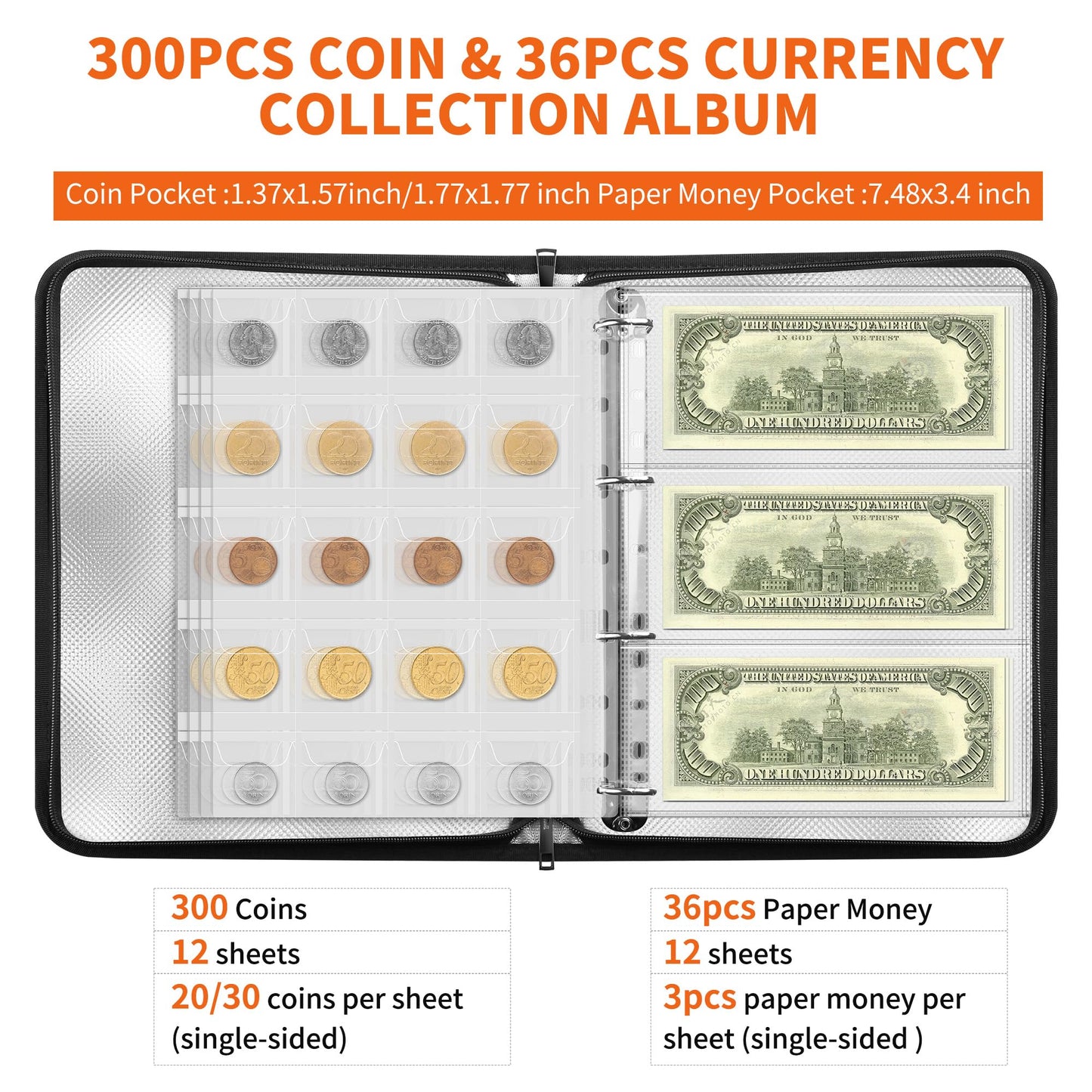 JUNDUN 5200℉ Coin Collection Book ，300 Pockets Fireproof Coin Albums for Collectors & 36 Sleeves Paper Money Binder Holder with Aluminum Foil Lining for Coin, Currency,Bill,Quarter and Stamp