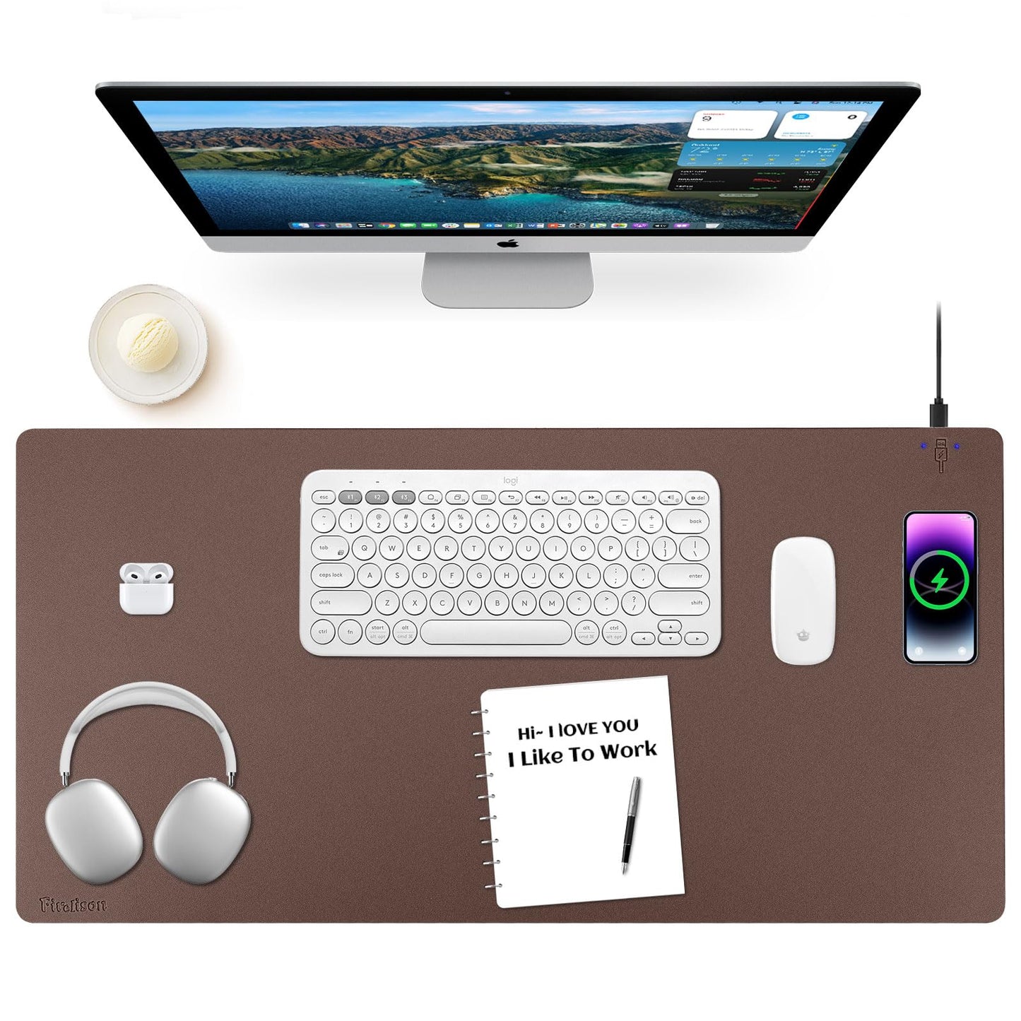 Wireless Charging Mouse Pad Firelison 2 in 1 Leather Multifunctional Office Desk Pad with Non-Slip Rubber Base, Waterproof Desk pad for Computers/Office/Work/Home/Decor（ 36" x 17"Brown - R）