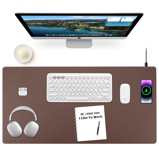 Wireless Charging Mouse Pad Firelison 2 in 1 Leather Multifunctional Office Desk Pad with Non-Slip Rubber Base, Waterproof Desk pad for Computers/Office/Work/Home/Decor（ 36" x 17"Brown - R）