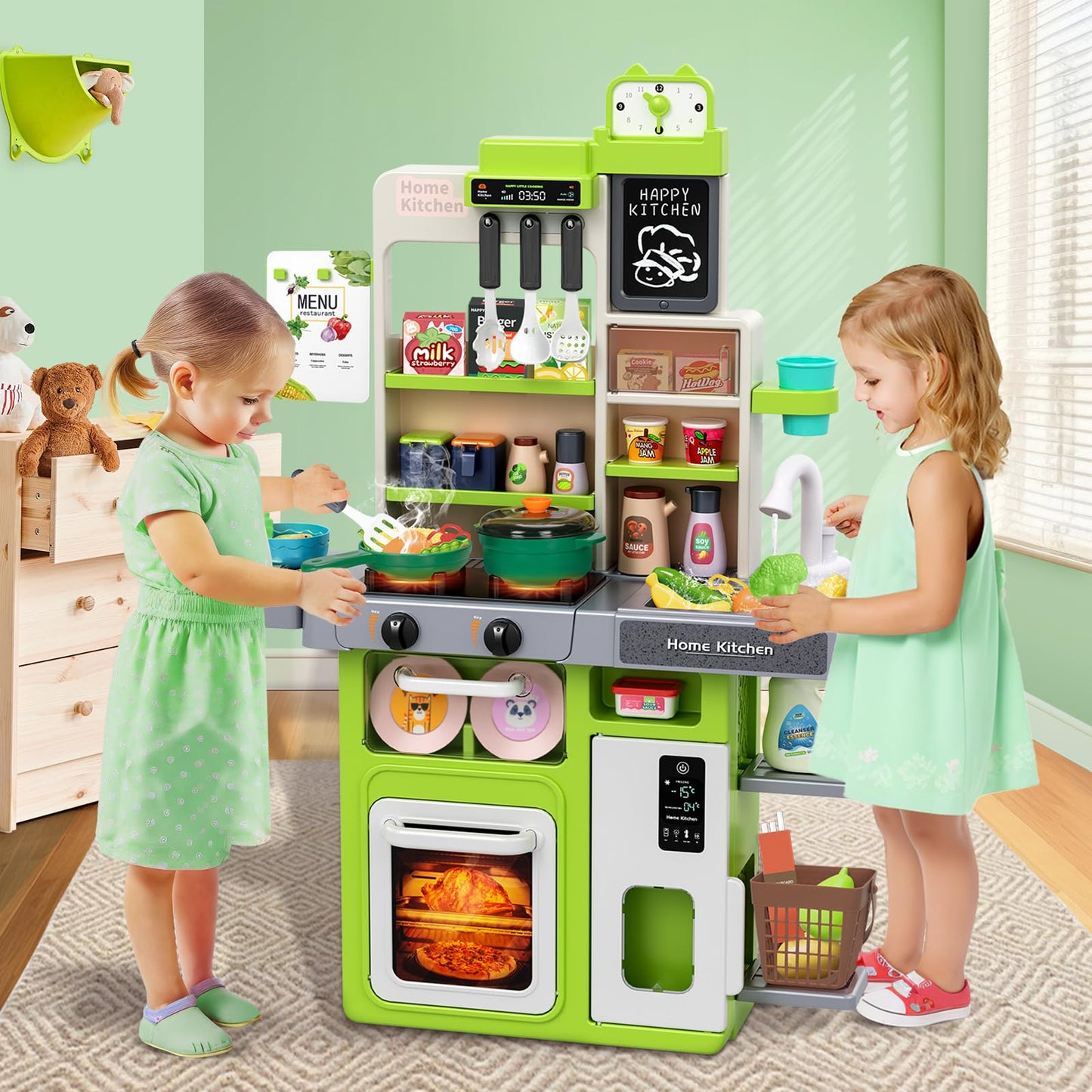 Kids Play Kitchen Set, Toddler Kitchen Playset with Sound & Light, Cooking Stove with Steam, Play Sink, Play Food Toy and Kitchen Accessories, Kitchen Toy for Kids Girls Boys 1-3