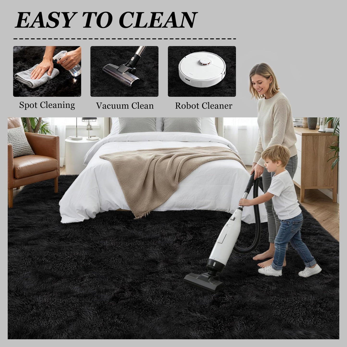 8x10 Area Rugs for Living Room Bedroom: Ultra Soft Fluffy Shag Rug Upgrade Non-Slip Non-Shedding Large Fuzzy Plush Carpet Indoor Floor Carpets for Kids Room Playroom Nursery Dorms Home Decor Black