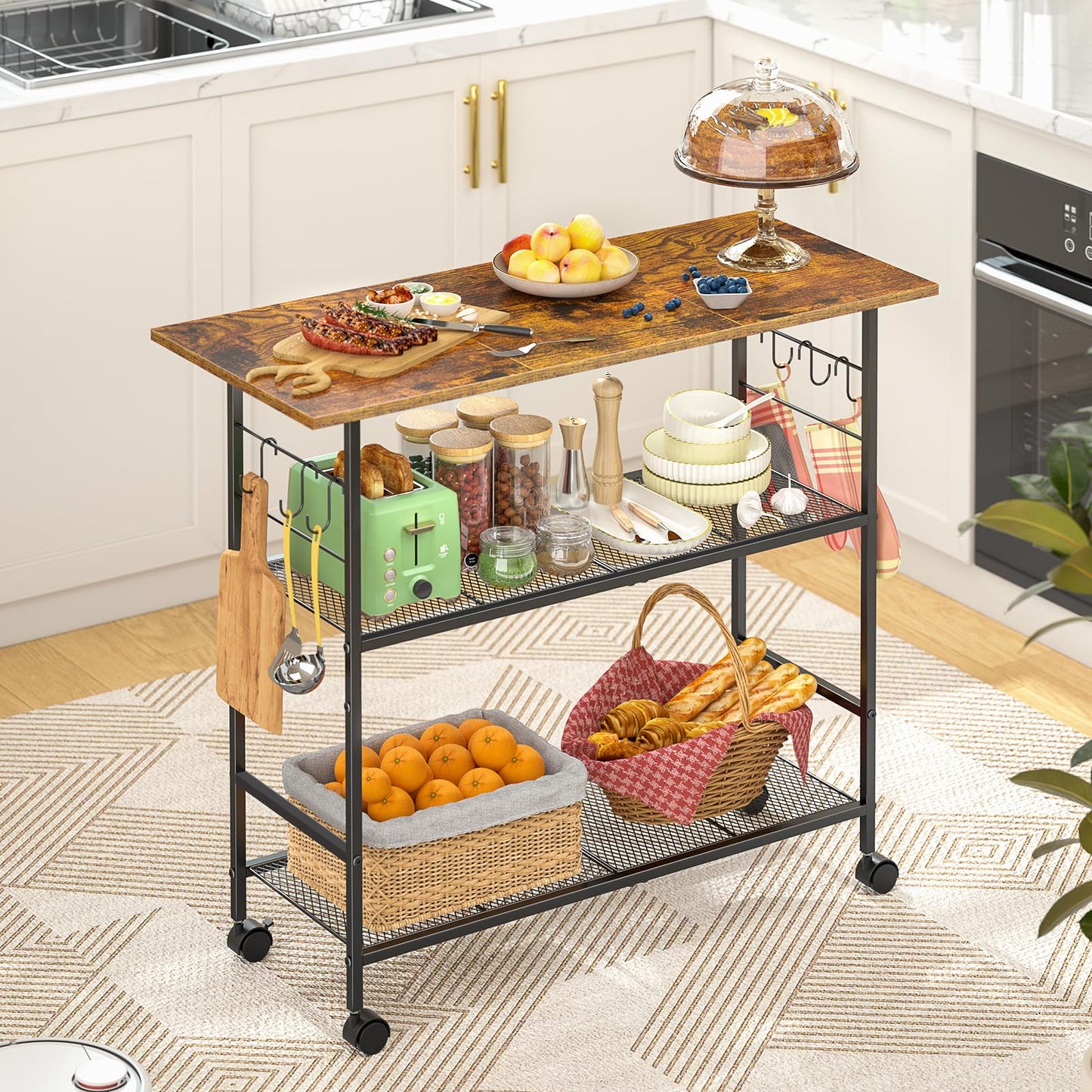 Kitchen Island with 3 Shelves, Rolling Kitchen Cart with 6 Hooks and Protective Shelf, Microwave Stand on Lockable Wheels, Bakers Rack Coffee Bar for Dining, Living Room, Outdoor, Metal Frame