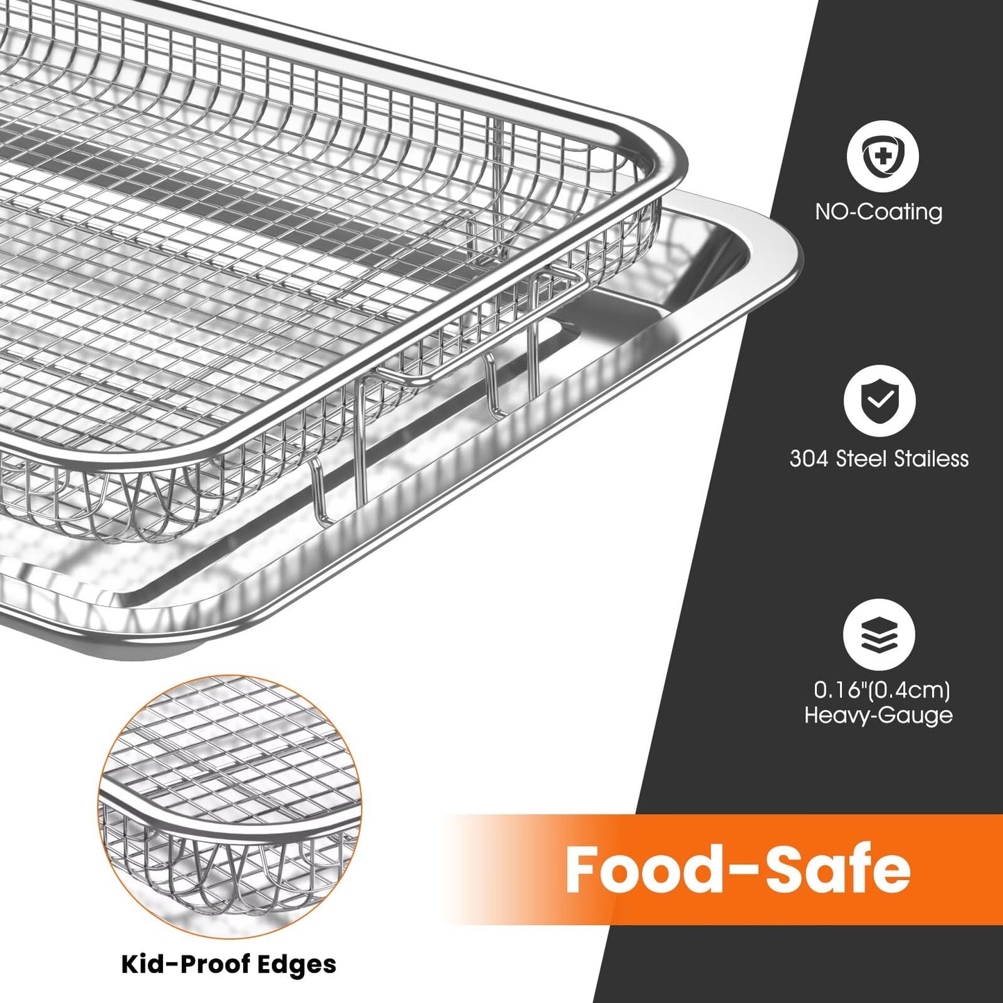 Xumilas 304 Stainless Steel Air Fryer Basket for Oven - 2 Pack Crisper Tray & Mesh Rack Set (15"x11" & 12.8"x9.7") with 60 Parchment Papers, Air Fry Pan for Bacon Fries Vegetables - Family Size
