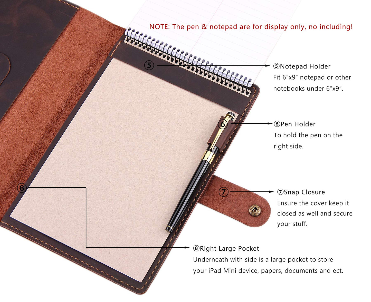 Robrasim Leather Cover for 6"x9" Steno Notebook, Leather Folio Cover Compatible with 6x9 Spiral Steno Pads, A5 Notebook Organizer with Pen Loop - Coffee