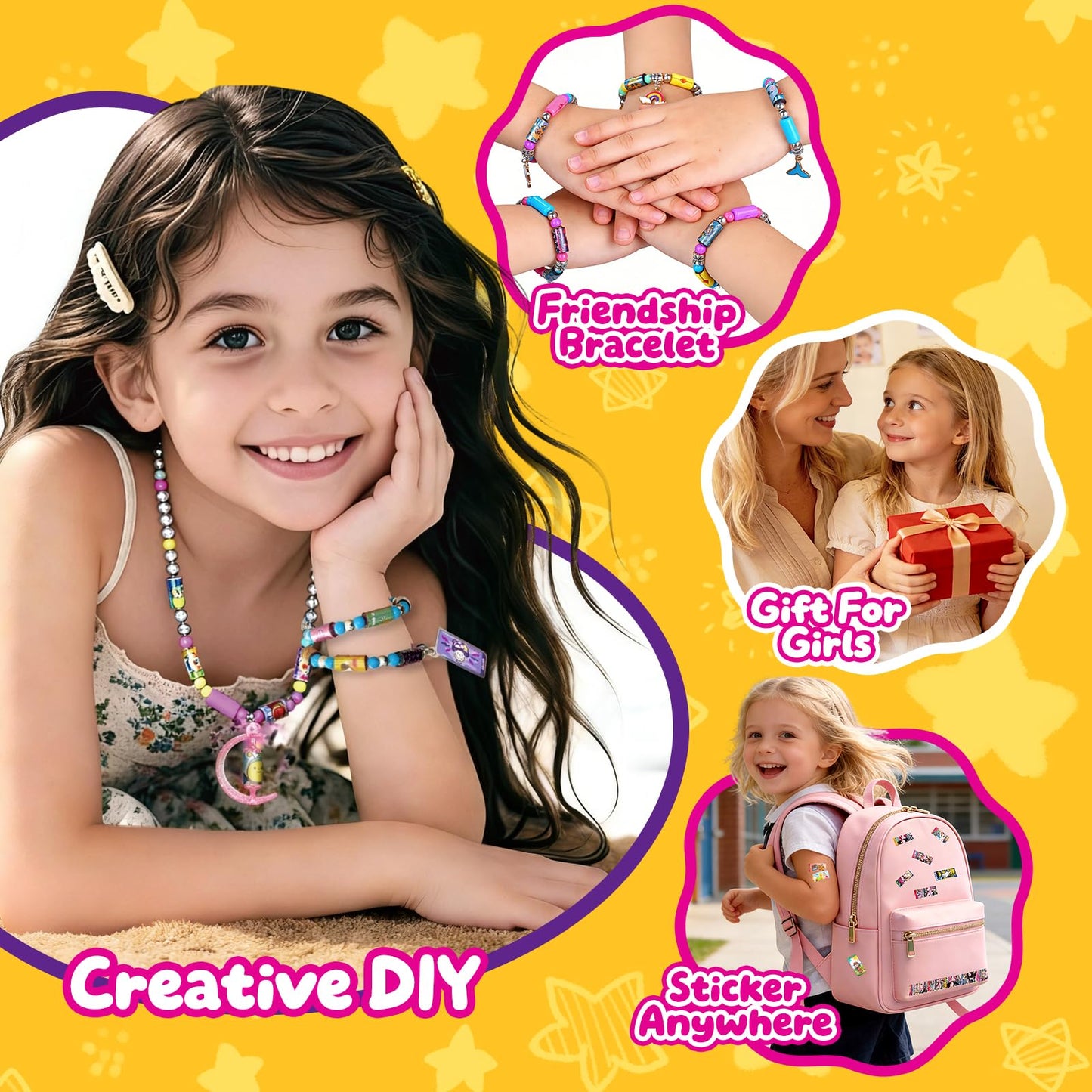 jhtigre Sticker Bracelet for Kids,Bracelet with 700pcs Shareable Sticker 14 Fun Pendants & Collection Book,Arts and Craft Stickers for Girls Birthday Gift, Jewelry Making Bracelets Kit