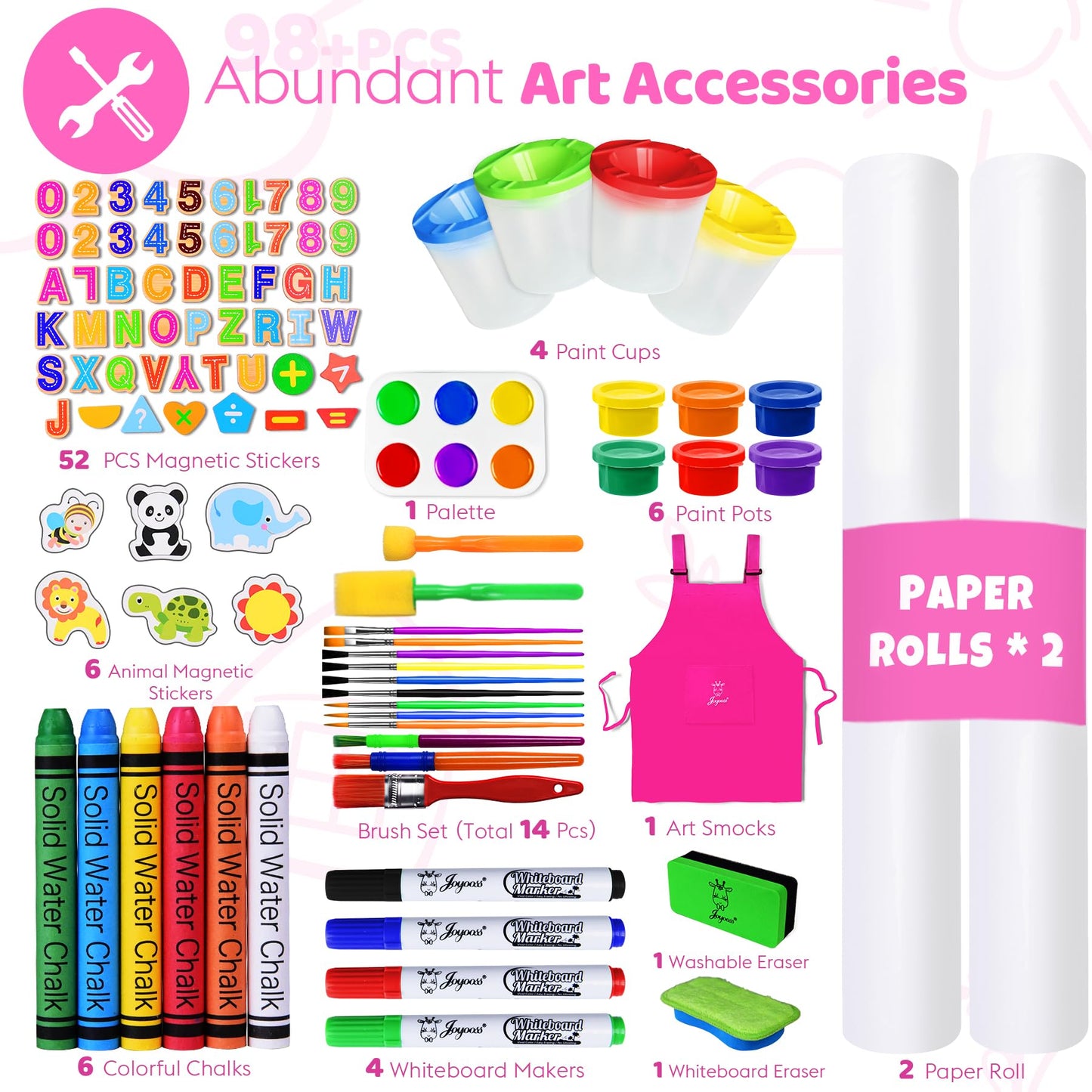 Joyooss Art Easel for Kids, Adjustable Standing Wooden Toddler Kids Easel Double Sided Drawing Board Whiteboard & Chalkboard Dry Easel Board, Art Easel for Kids Age 4-8 9-12 Painting Set