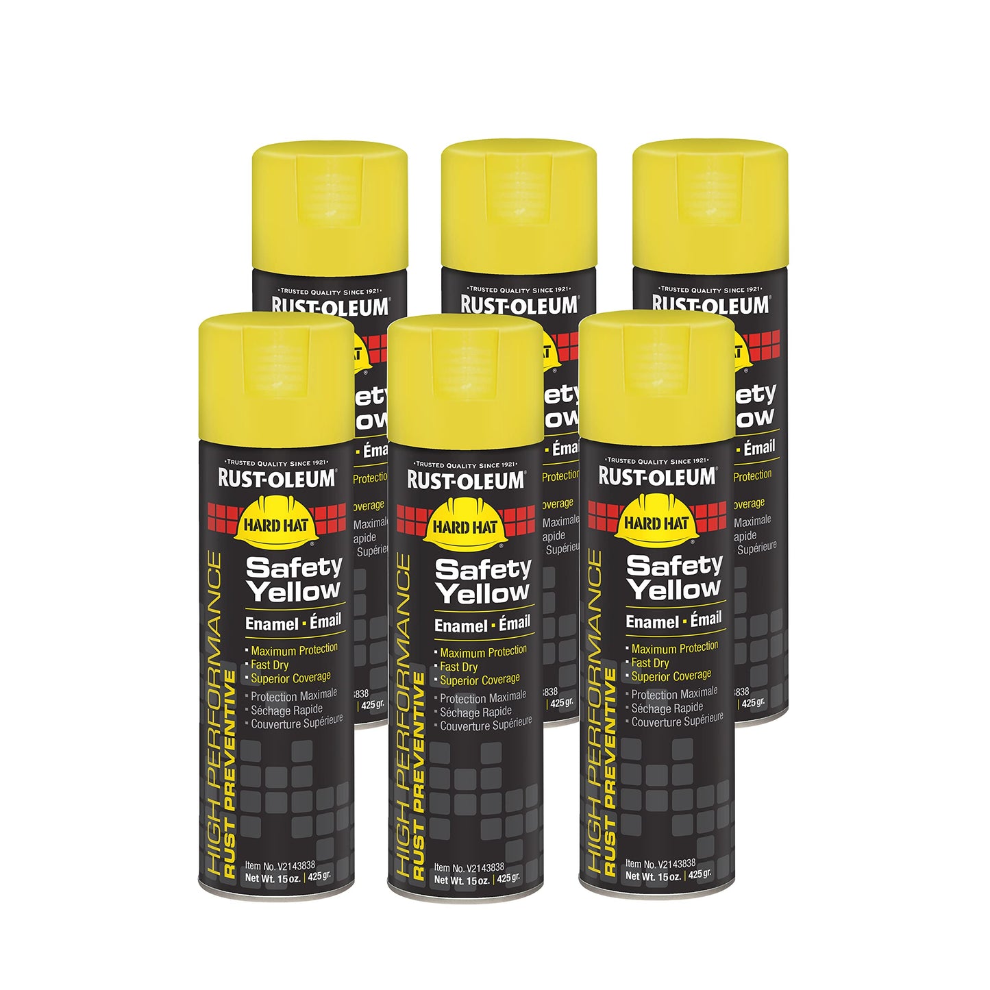 Rust-Oleum V2143838 High Performance V2100 System Rust Preventive Enamel Spray Paint, 20 fl. oz. Container, 15 oz. Fill, Safety Yellow, 6-Pack