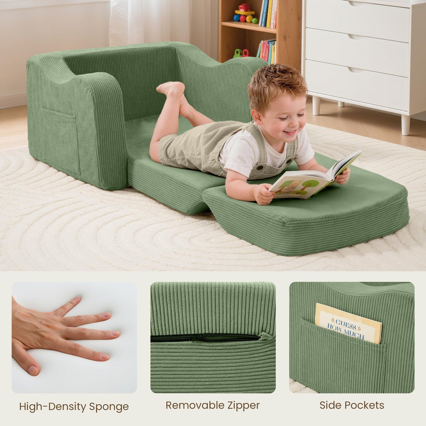 Airpanda Comfy Kids Chair and Couch, 2-in-1 Convertible Kids Sofa, Soft Fold-Out Design, Removable Washable Cover, Green