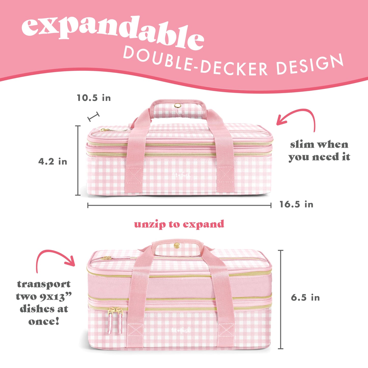 Fit & Fresh Insulated Casserole Carrier - Double Decker Food Carrier Fits Two 9x13 Dishes, Expandable Hot & Cold Food Transport Bag with Zipper Pocket for Potluck, Easter & Travel, Pink Gingham