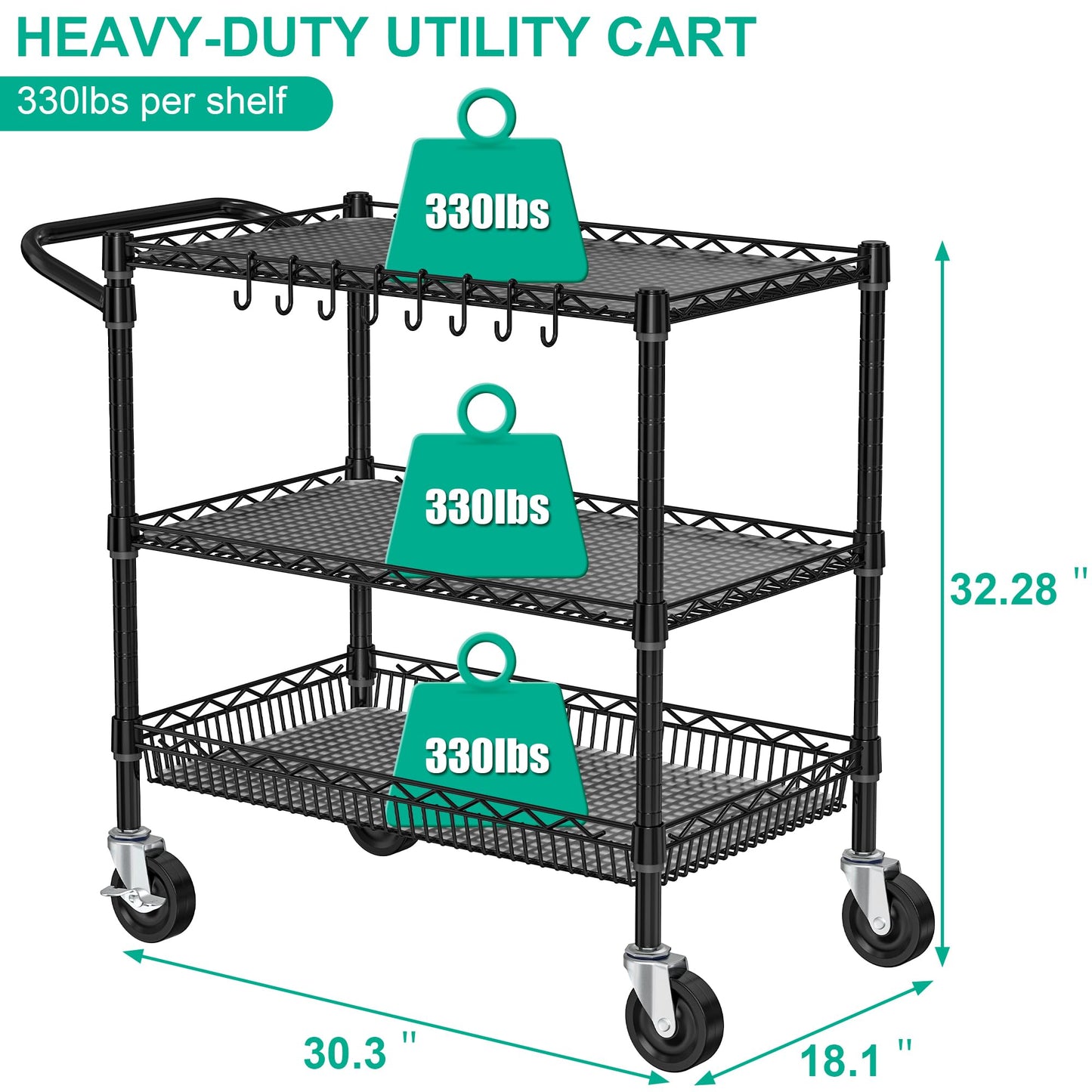 Folews Heavy Duty Rolling Cart with Wheels, 3 Tier Commercial Grade Utility Cart, Metal Kitchen Storage Trolley with Handle Bar & Shelf Liner for Food Service Tool, Black
