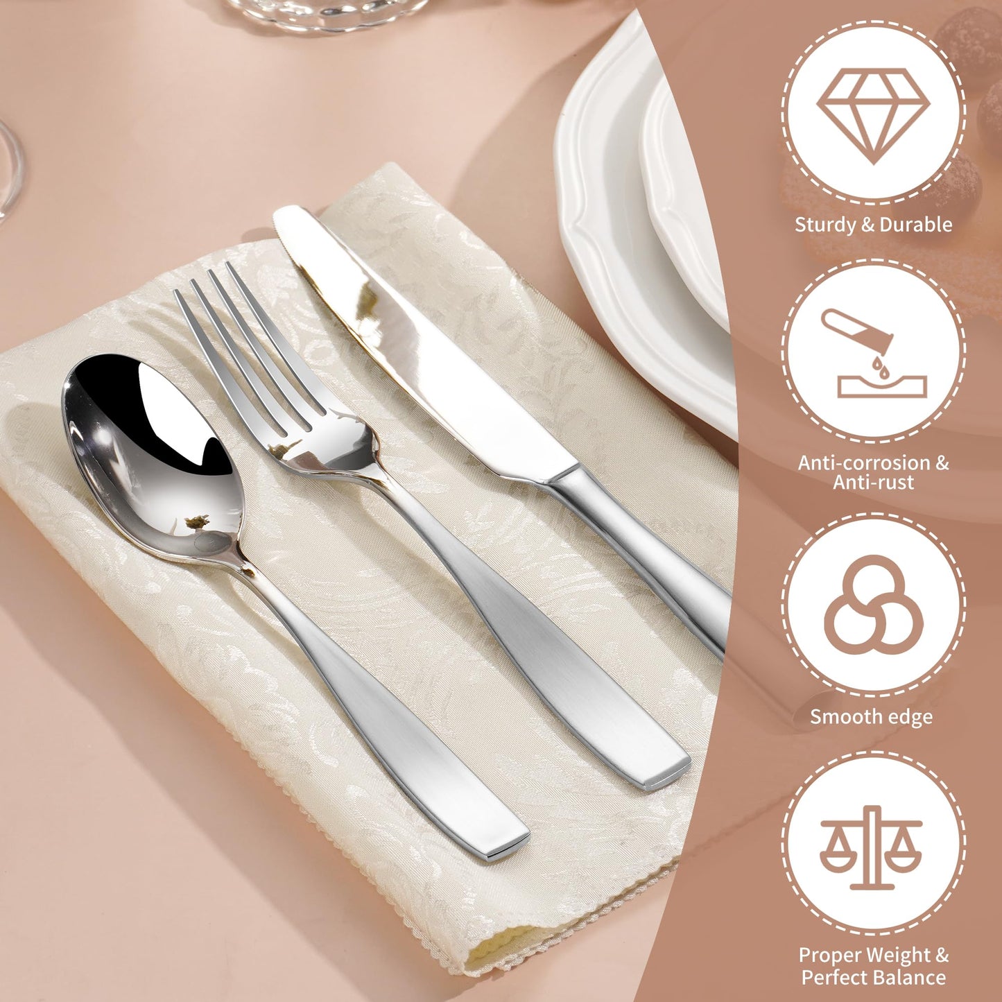 65-Piece 18/10 Stainless Steel Flatware Set for 12, Heavy Duty Silverware Set, Flatware Set with Serving Utensil, High End Mirror Polish and Satin Handle, Dishwasher Safe, Ideal for Gift