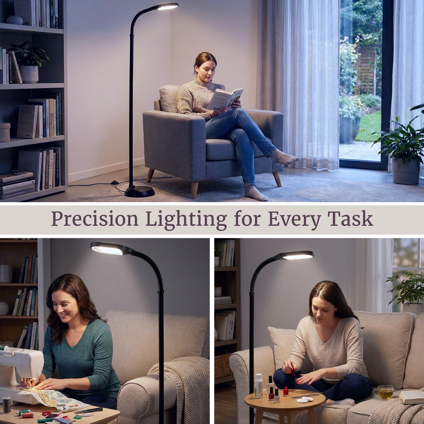 Lavish Home Adjustable Floor Lamp for Bedroom - Full Spectrum Natural Sunlight Lamp for Office with Bendable Neck for Reading Light, Craft, Studying, and Esthetician Light - (Black)