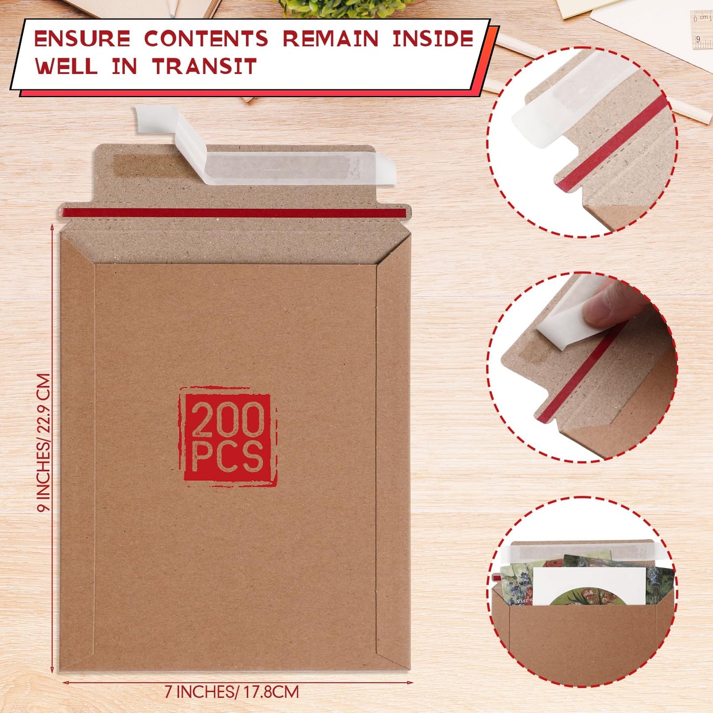 Fainne 7 x 9 Inch Rigid Mailers Kraft Cardboard Envelope Bulk Self Adhesive Flat Shipping Bag for Office Mailing Document Photo Letters Packaging Supplies(Kraft Color,200 Pcs)