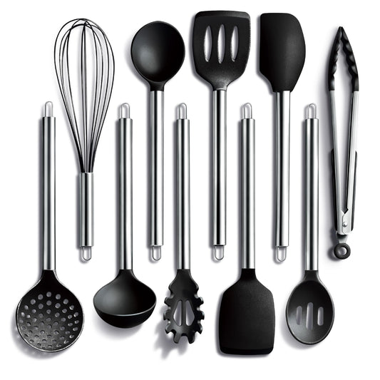 COOK WITH COLOR Silicone Cooking Utensils, Kitchen Utensil Set, Easy to Clean Silicone Kitchen Utensils, Cooking Utensils for Nonstick Cookware, Kitchen Gadgets Set, 10 Pieces, Black