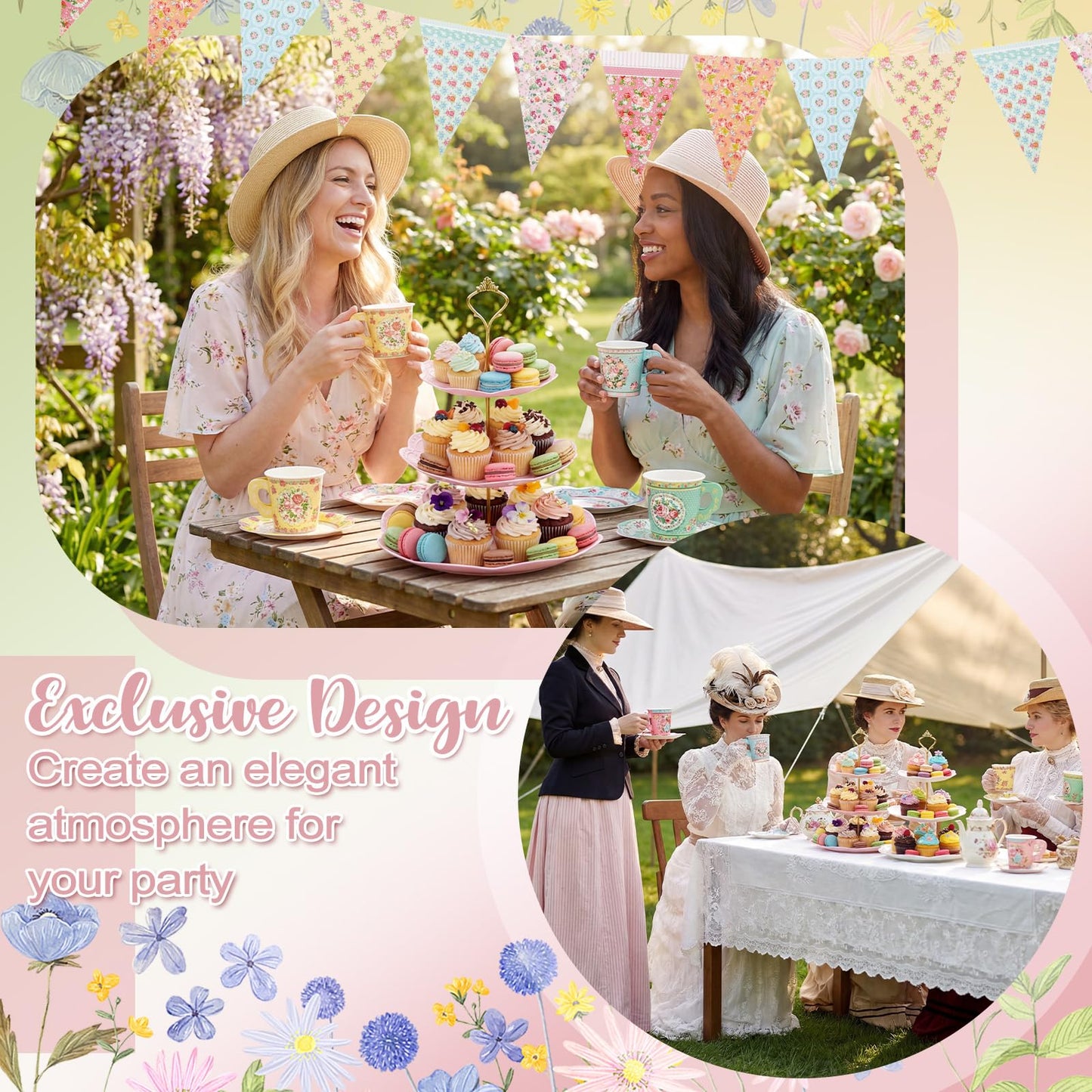 Nuogo 244pcs/40set Disposable Tea Party Supplies Vintage Floral Paper Tea Plates Cups Napkin 3 Tier Cake Stand Bunting Banner and Disposable Tableware for Birthday Baby Shower Bridal Wedding, Serve 40