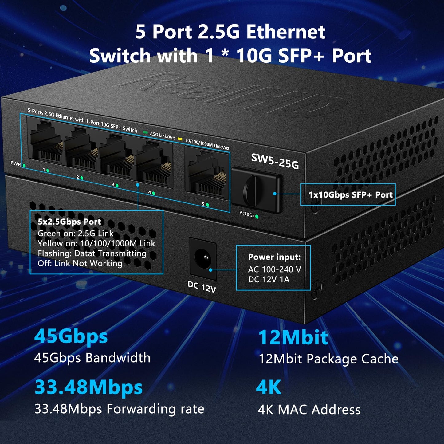 5 Port 2.5GB Ethernet Switch Unmanaged Network Switch | 5 x 2.5 Gigabit | 1 x 10G SFP+ | Multigig Switch 10-100-1000Mbps | 45G Bandwidth | Plug & Play | Fanless Metal Internet Switch | NOT Support VPN
