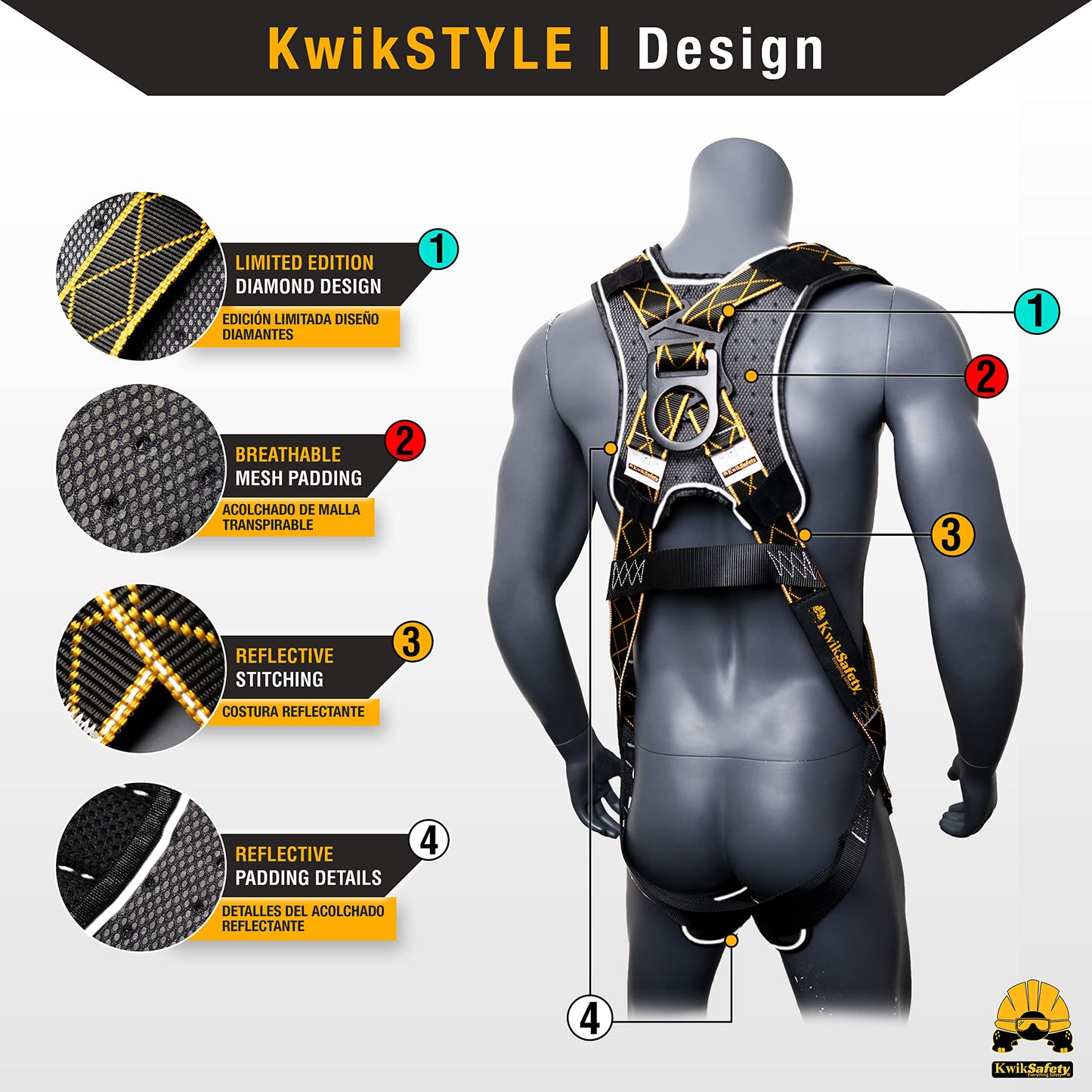 KwikSafety TORNADO DiamondBACK Safety Harness [4 Pack] 3 QUICK CONNECT BUCKLES + 1 D-RING ANSI OSHA Premium Fall Protection Black Full Body Fall Arrest Construction Roofing PPE