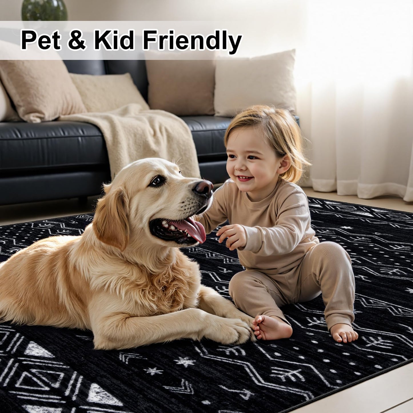 SERISSA Hallway Runner Rug, 2x10 Washable Non-Slip Black and White Runners for Hallways, Soft Low-Pile Boho Geometric Indoor Long Carpet for Kitchen Entryway Laundry Bedroom Bathroom