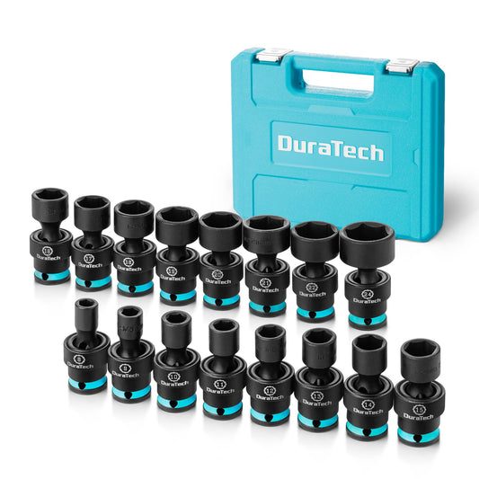DURATECH 3/8" Drive Impact Swivel Socket Set, 16 Pieces Shallow Universal Impact Socket Set with Flexible Wobble, Metric, Cr-Mo Steel, 6 Points, Organized in Sturdy Storage Case(8-24mm)