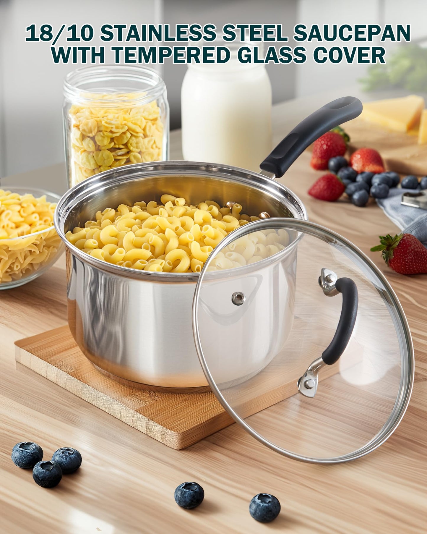 Cook N Home Professional 3 Quart Stainless Steel Saucepan with Lid, Kitchen Induction Cooking Sauce Pot Pan, Stay-Cool Silicone Handle, Dishwasher Safe