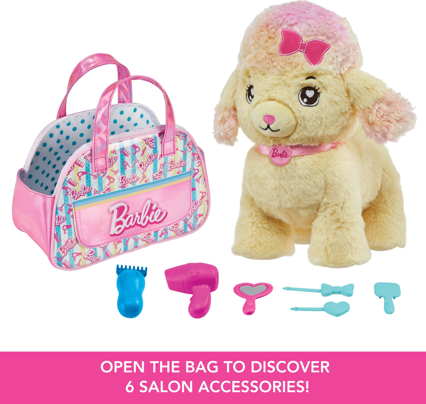 Mattel Barbie Salon Pet Adventure Plush Poodle with Themed Bag and Accessories, Toy +3 Years (HPJ43)