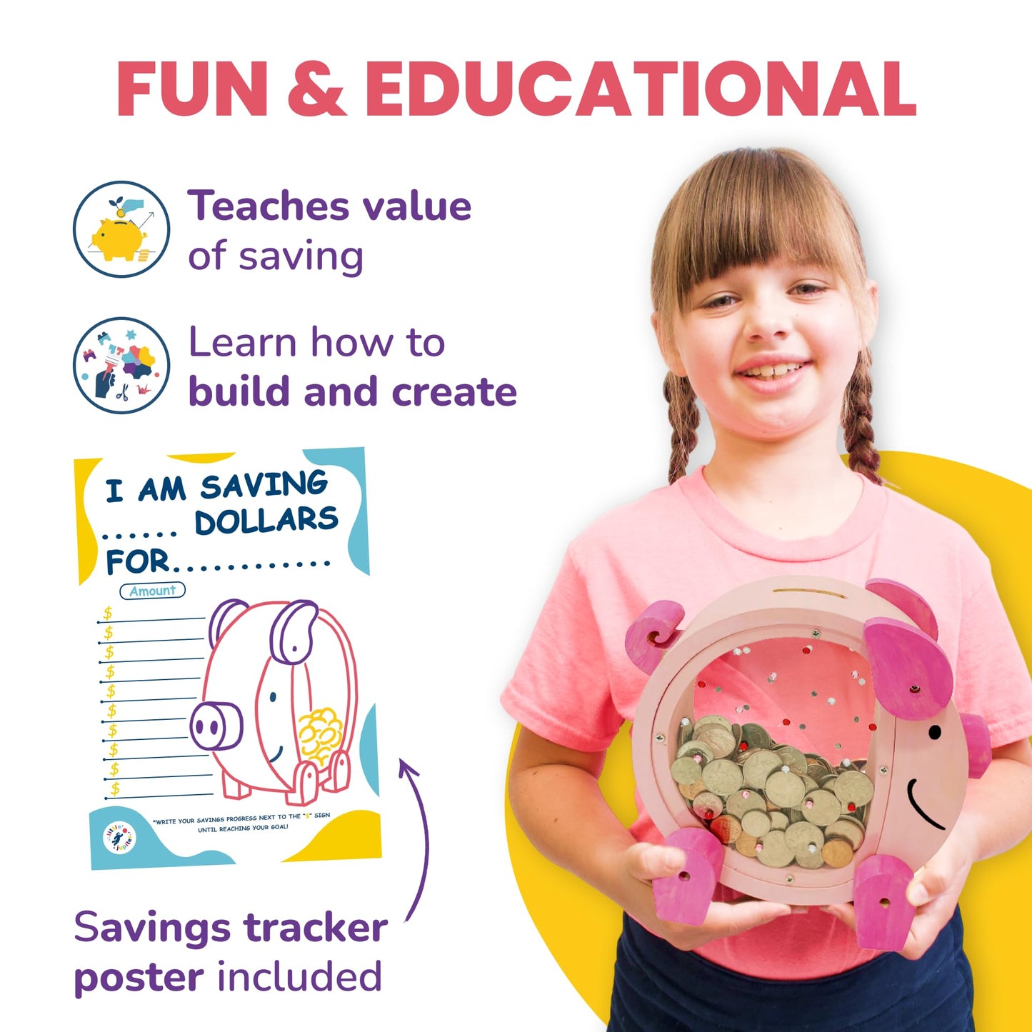 DIY Wooden Piggy Bank for Kids - Wood Building & Painting Kits for Ages 4-8 - Includes Paint, Stick on Gems, & Savings Poster - Arts & Craft Wooden Kits for Boys & Girls - Stem & Savings Craft Project