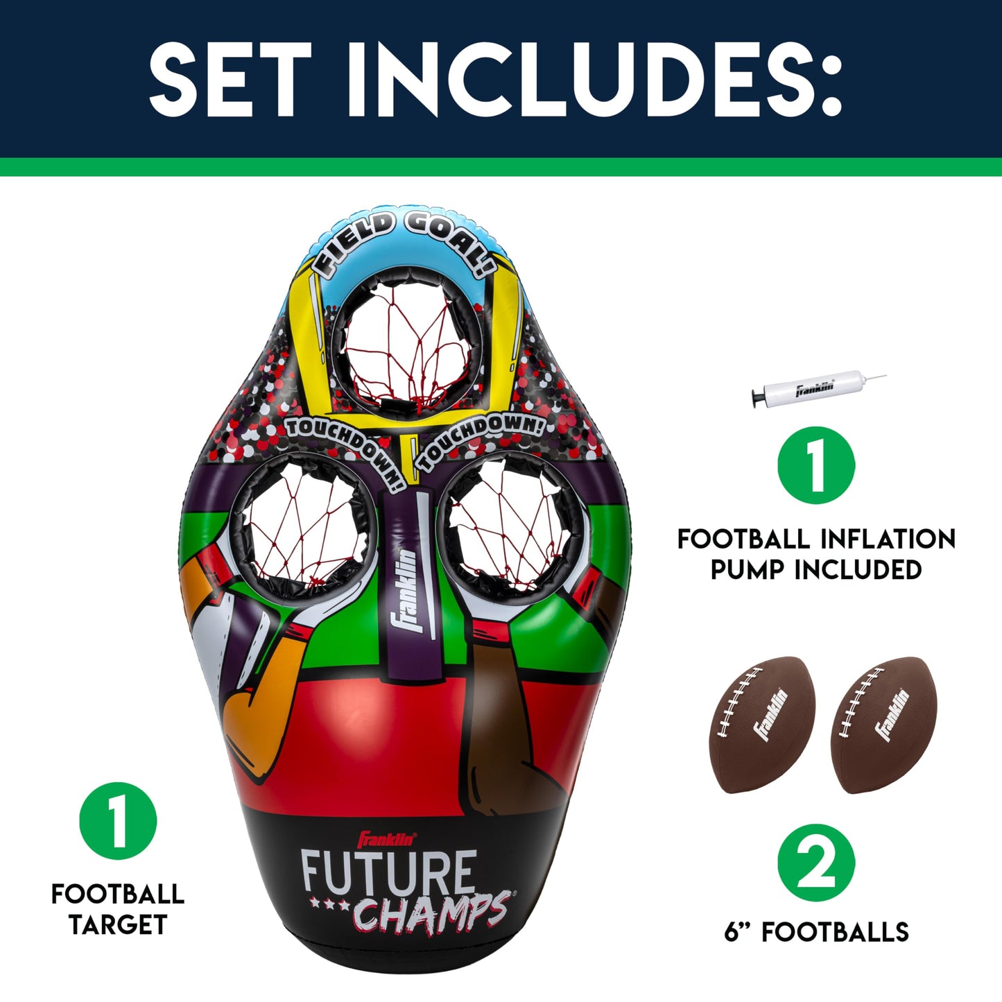 Franklin Sports Kids Football Target Toss Game - Inflatable Football Throwing Target Toy with Soft Mini Balls - Fun Kids Toy - Inflatable Indoor + Outdoor Sports Game