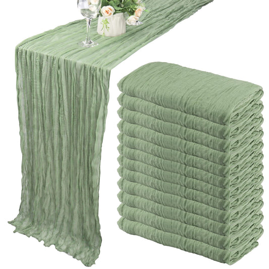 12 Pack 10Ft Cheesecloth Boho Gauze Long Romantic Table Runner for Wedding Bridal Shower Birthday Party Decor (Dusty Sage Green)