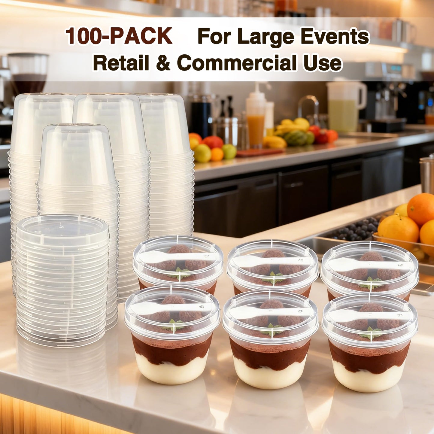 Nefocar 100 Pack 8oz Plastic Dessert Cups with Lids and Spoons, Clear Yogurt Parfait/Appetizer Cup with Lids for Party, Mini Round Dessert Cups with Spoons for Pudding/Jello/Milkshake/Fruit/Ice Cream