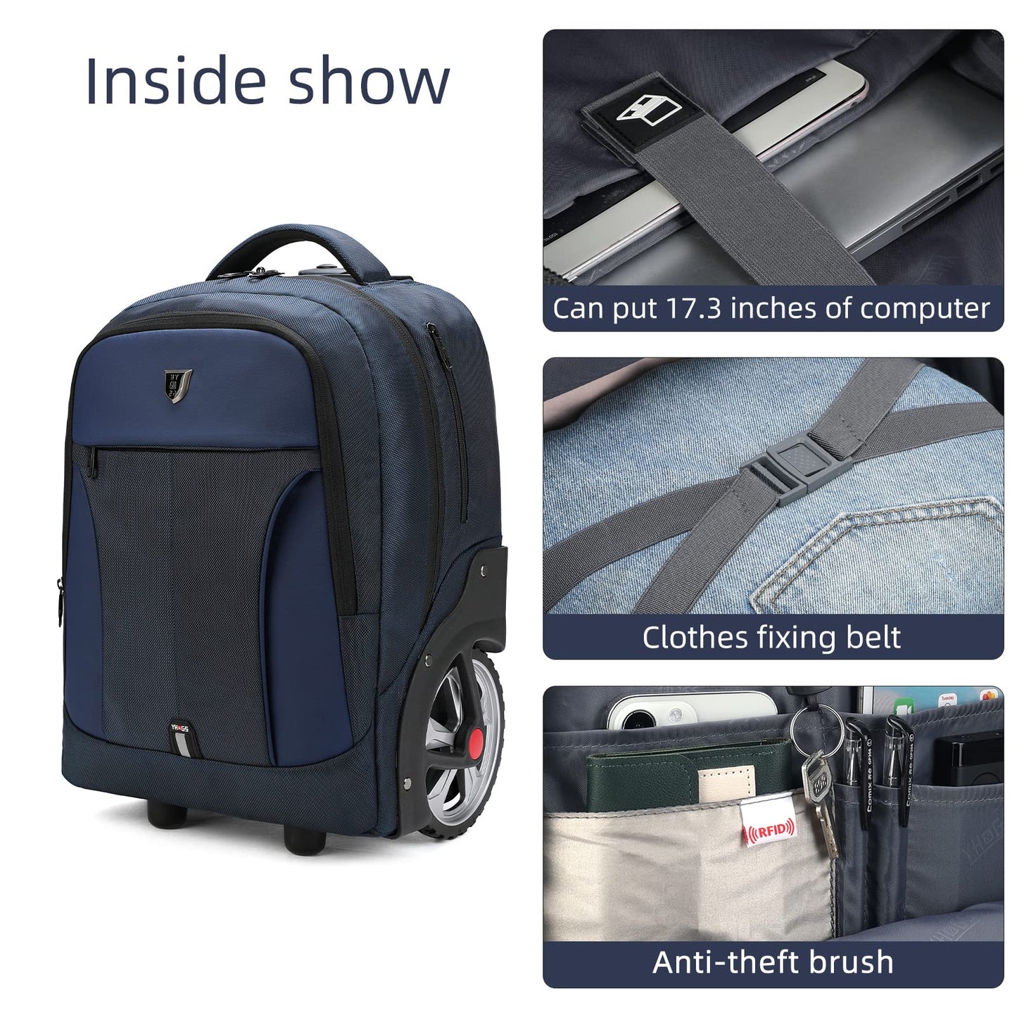 Rolling Backpack, Waterproof Backpack with Wheels for Business, Travel Commuter, Carry on Backpack with Laptop Compartment, Fit 15.6 Inch Laptop, Wheeled Backpack for Adults Women Men (Blue, 20inch)