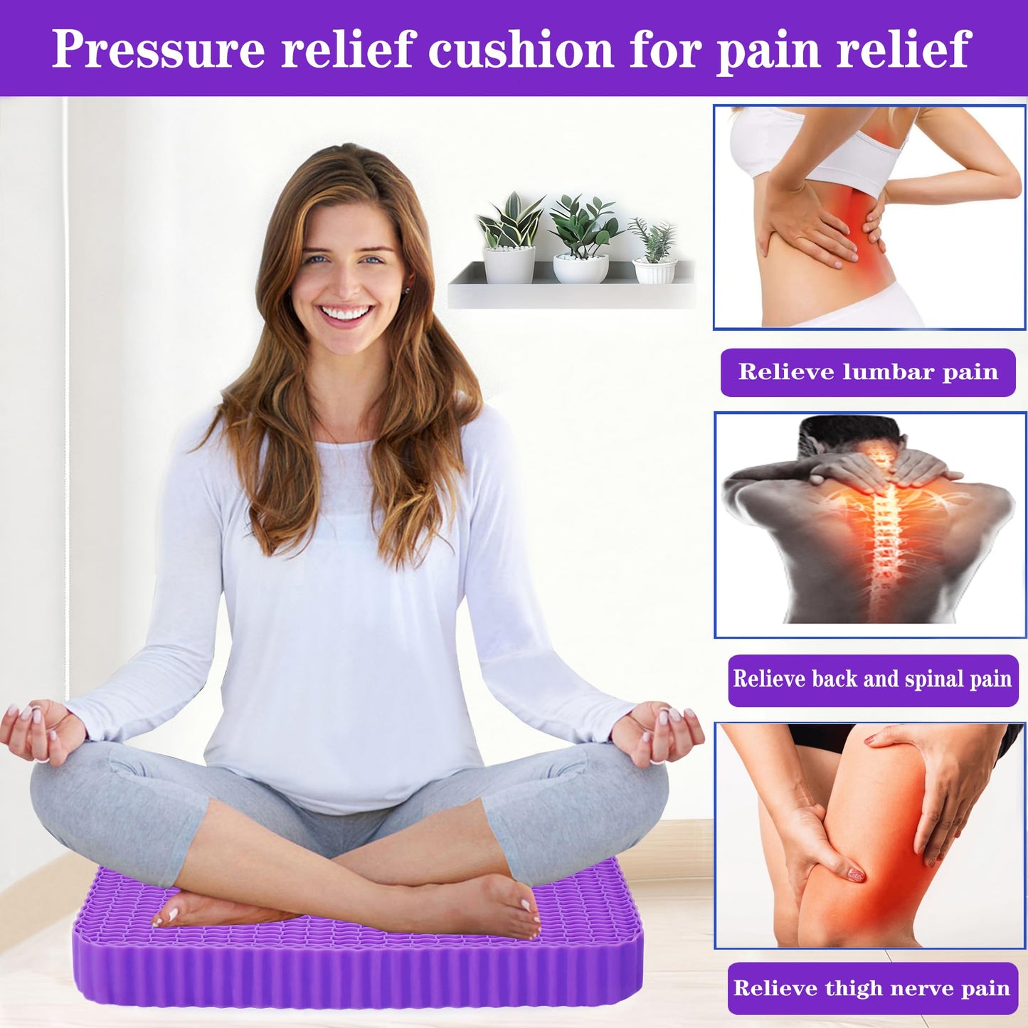 Innovative Gel Seat Cushion for Long Sitting, Large Cooling Supportive Seat Cushion for Back, Sciatica, Tailbone Pain Relief, Used for The Office, Wheelchair, Recliner, Car, Stadium, Kayak.(Púrpura)