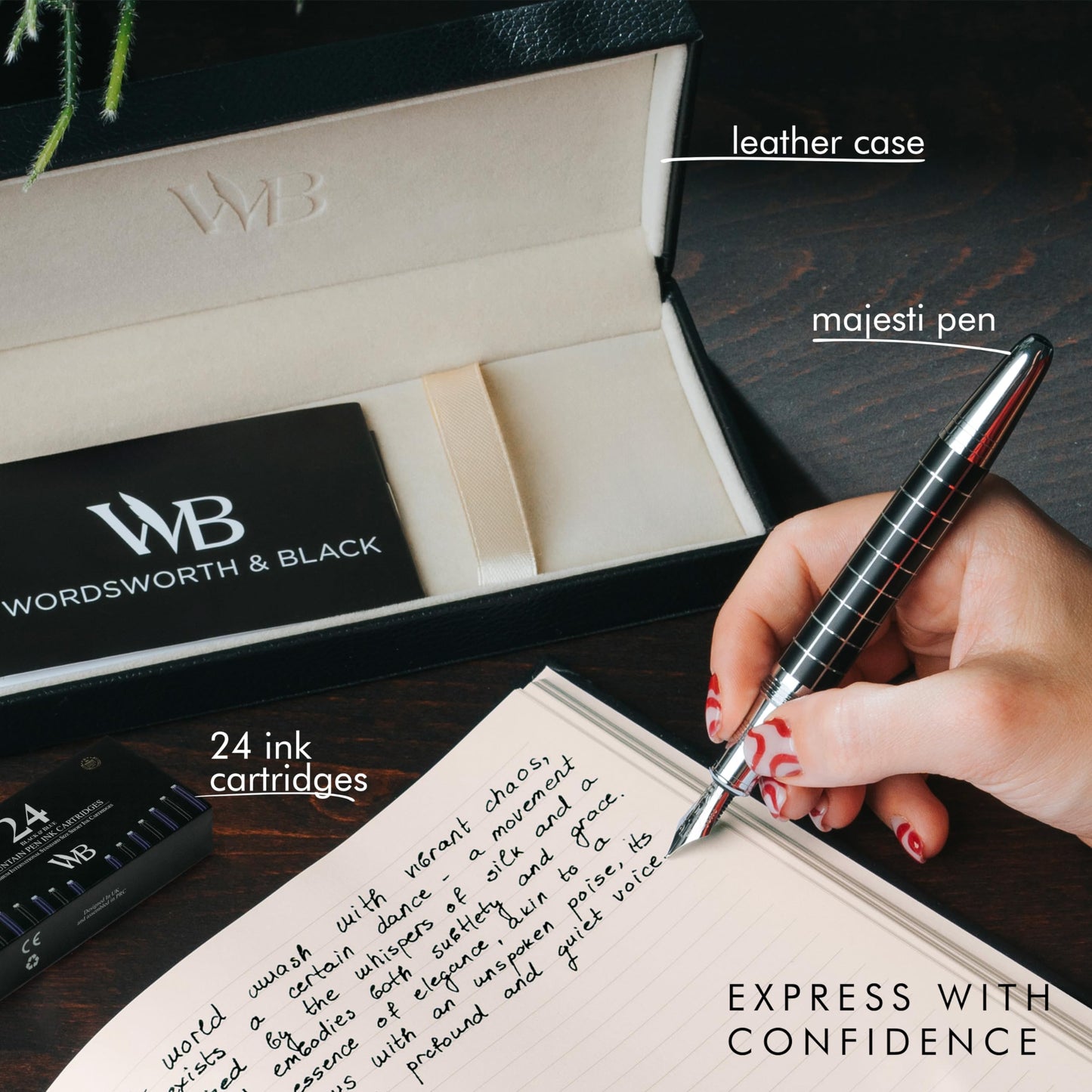 Wordsworth & Black Majesti Fountain Pen - (Checked), Luxury Case, Chrome Finish, Iridium Medium Nib - 24 Ink Cartridges, Refillable Ink Converter-Calligraphy Pen-Best Business Gift Set for Men & Women