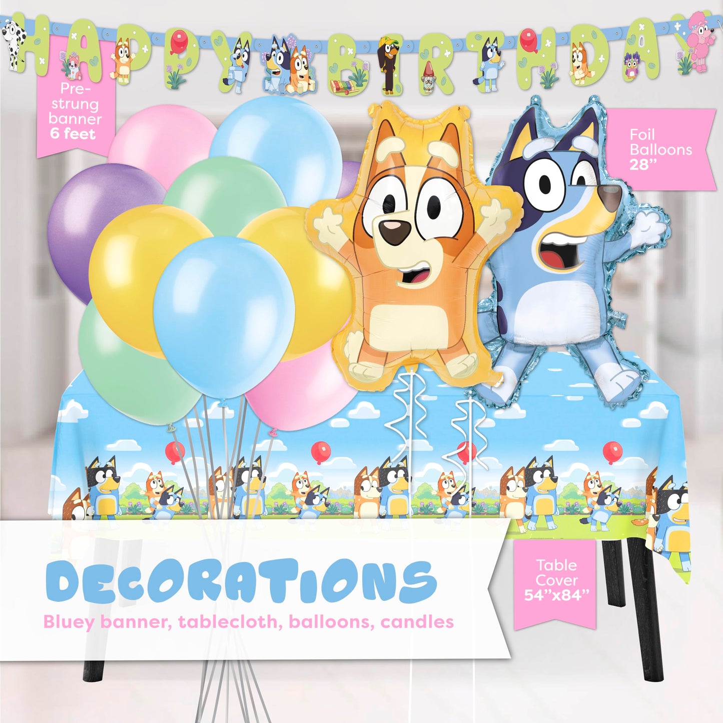 Bluey Birthday Decorations Girl Party Supplies for 16 - Officially Licensed Banner, Tablecloth, Foil and Latex Balloons, Plates and Napkins, Candles, Sticker