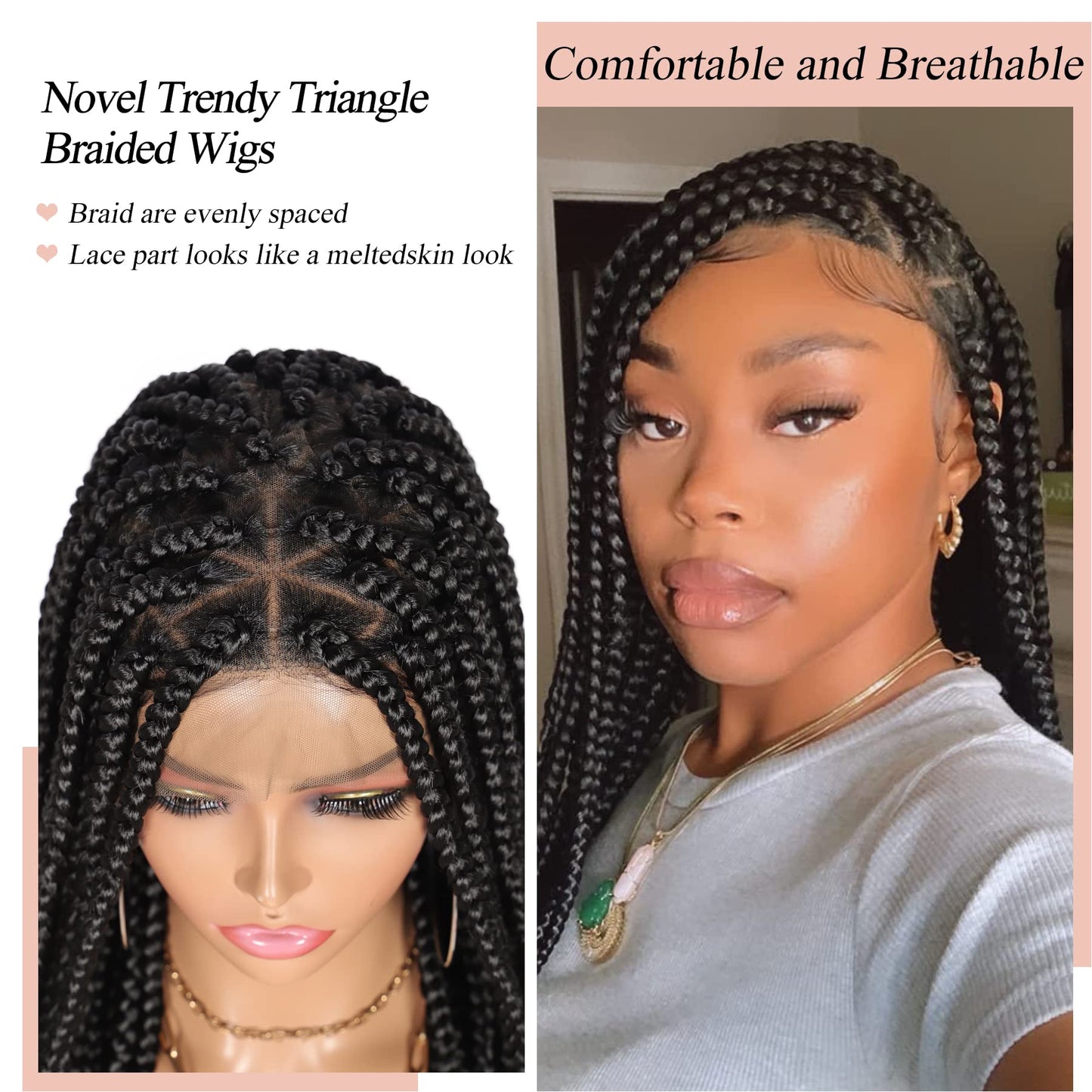 Lexqui 36'' Knotless Box Braided Wigs for Women Braided Lace Wigs Triangle Lace Front Braided Wig Human Hair Blended Full Double Lace Braided wig with Baby Hair Braid Lace Front Wig