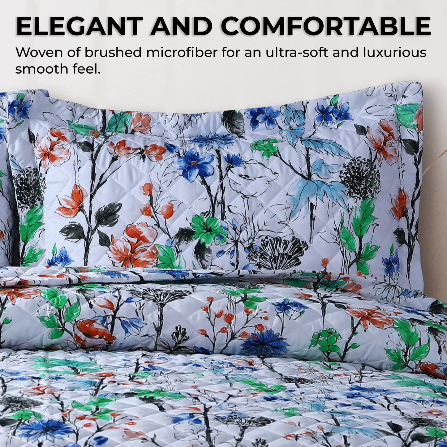 AZORES HOME Chloe Floral Printed Ultra-Soft 3-Piece Oversized Quilt Set, Easy Care and Fade Resistant - Queen, Green
