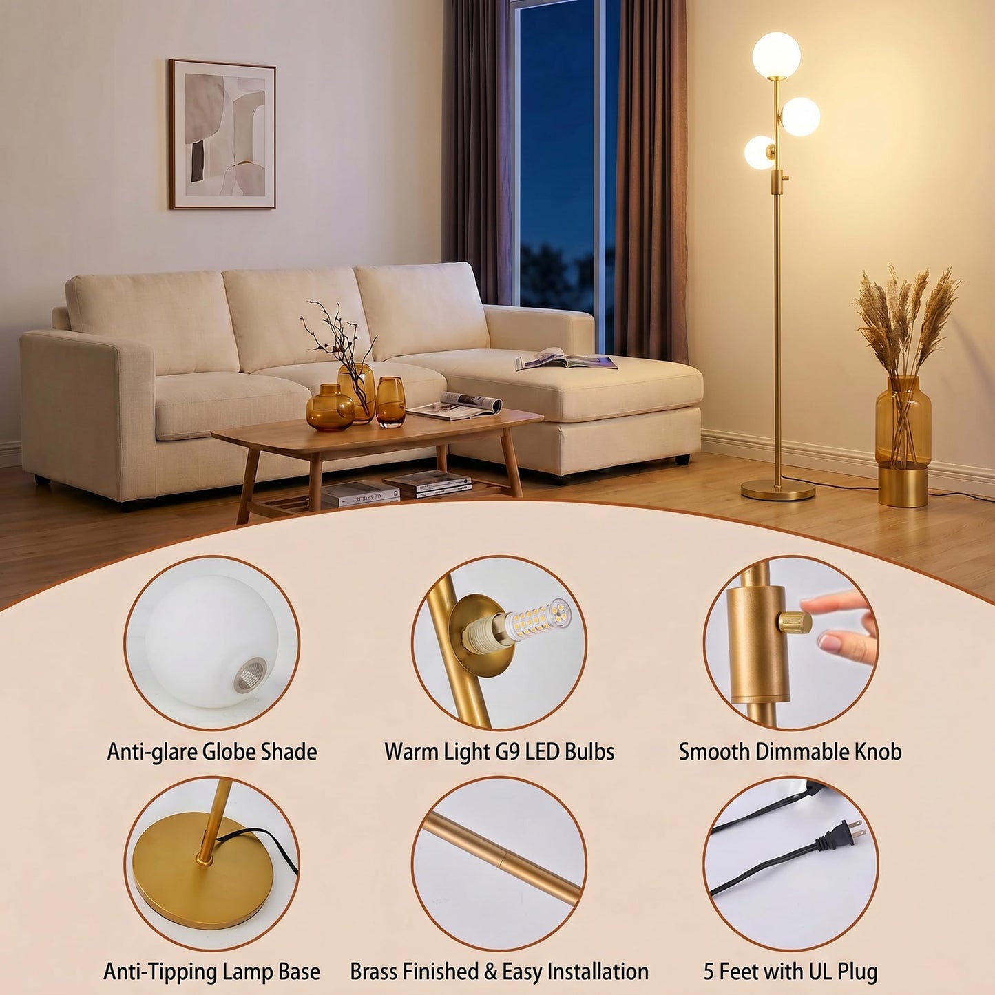 Fiqevs Dimmable 3 Globe Floor Lamp - Mid Century Modern Gold Standing Lamp with Frosted Glass Shade & LED Bulbs for Living Room, Bedroom, Office