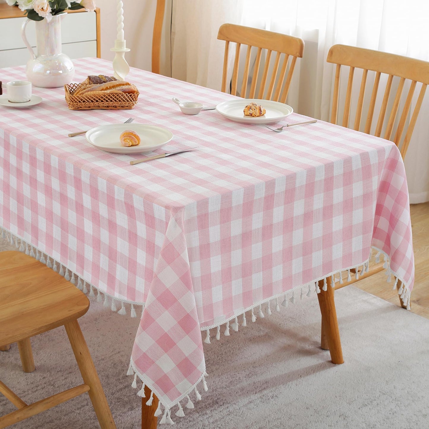JIALE Checkered Table Cloth Rectangle Cotton Linen Fabric Gingham Tablecloth with Tassel Washable Wrinkle Free Buffalo Plaid Table Cover for Spring Picnic Kitchen Dining, Pink and White, 55x120''