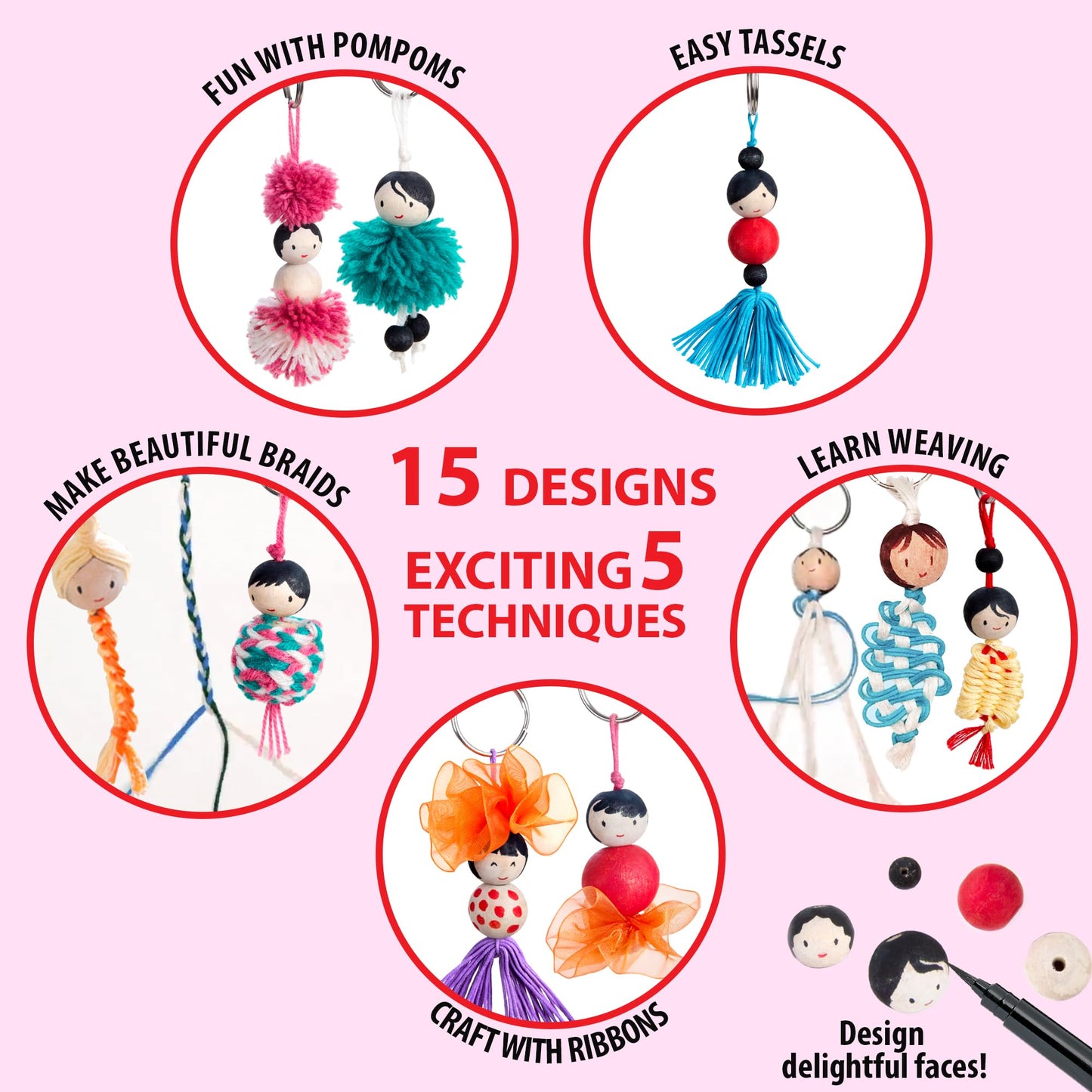 Chalk and Chuckles Keychain Dolls Craft Kit – DIY Pom Pom & Tassel Keychains for Kids Ages 6-12