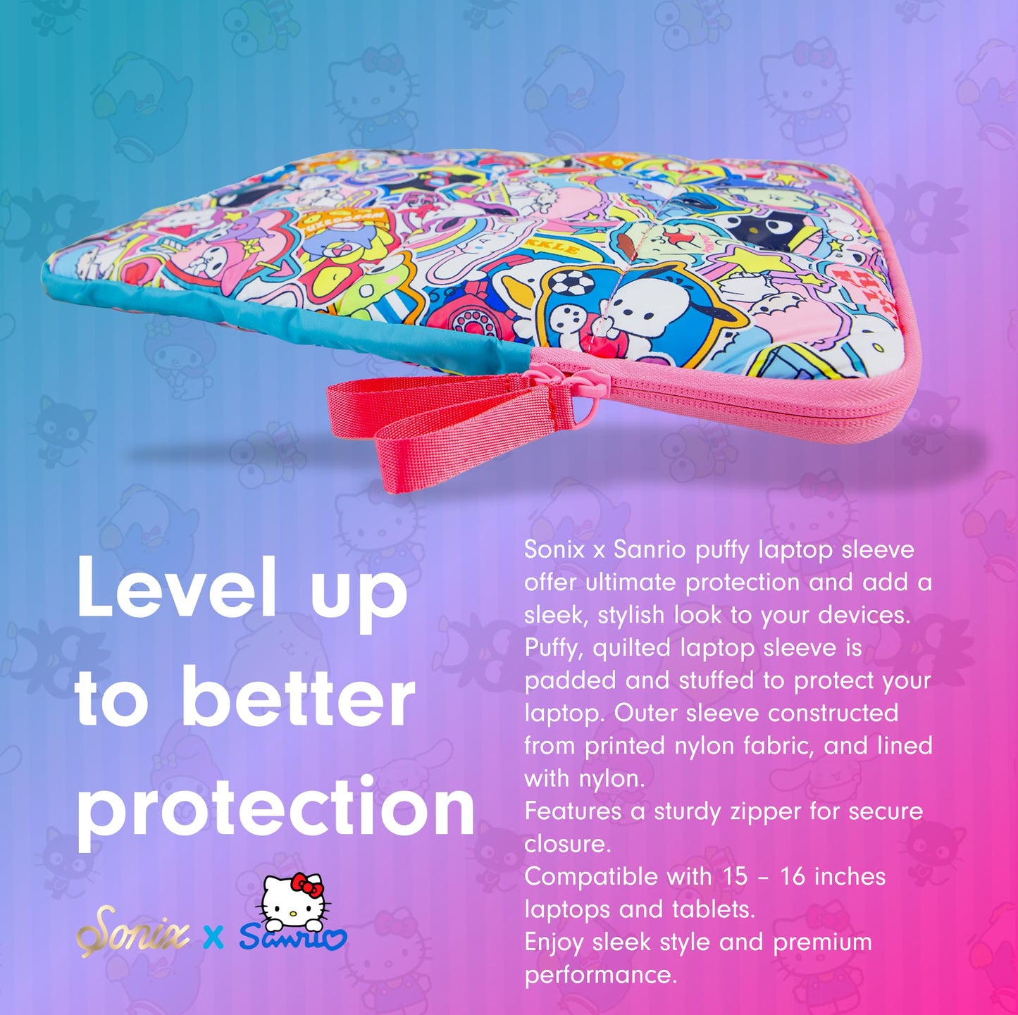 Sonix x Sanrio | Puffy Laptop Sleeve | 15-16 Inch, Quilted Pillow Puffer Laptop Carrying Case, Computer Sleeve | Hello Kitty & Friends Stickers