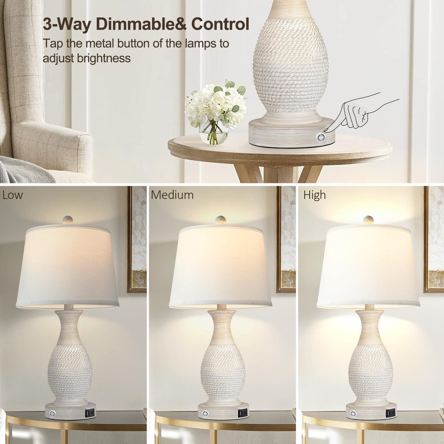 PARTPHONER Set of 2 Table Lamps with USB C+A Fast Charging Ports, 26" Tall Farmhouse Living Room Lamp with 3-Way Dimmable Nightstand Lamp White Fabric Shade for Living Room Bedroom Home Office
