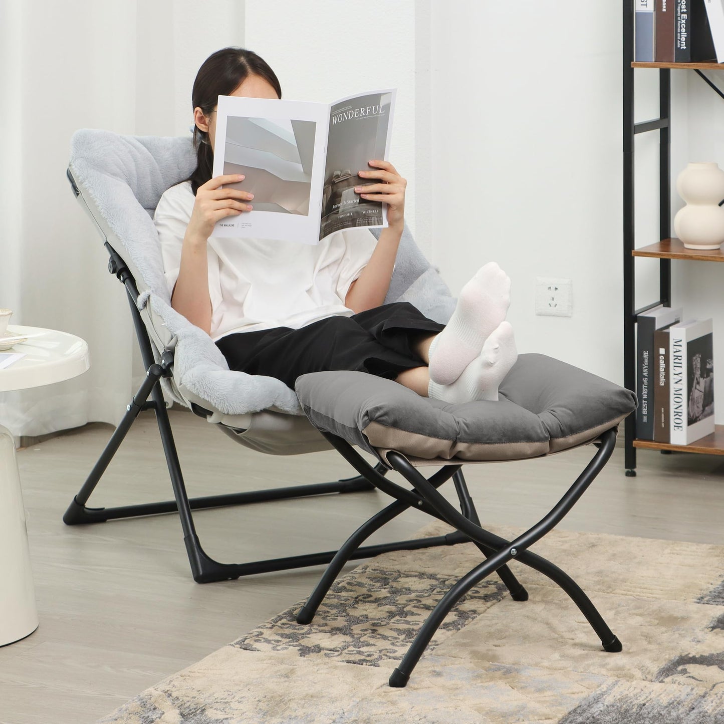 Mordchil HF 15"(H) Folding Ottoman, Foldable Footrest Stool, Portable Small Foot Stool for Couch, Collapsible Foot Rest Ottoman for Sofa, Accent Padded Ottomans for Living Room, Bedroom, Dark Grey