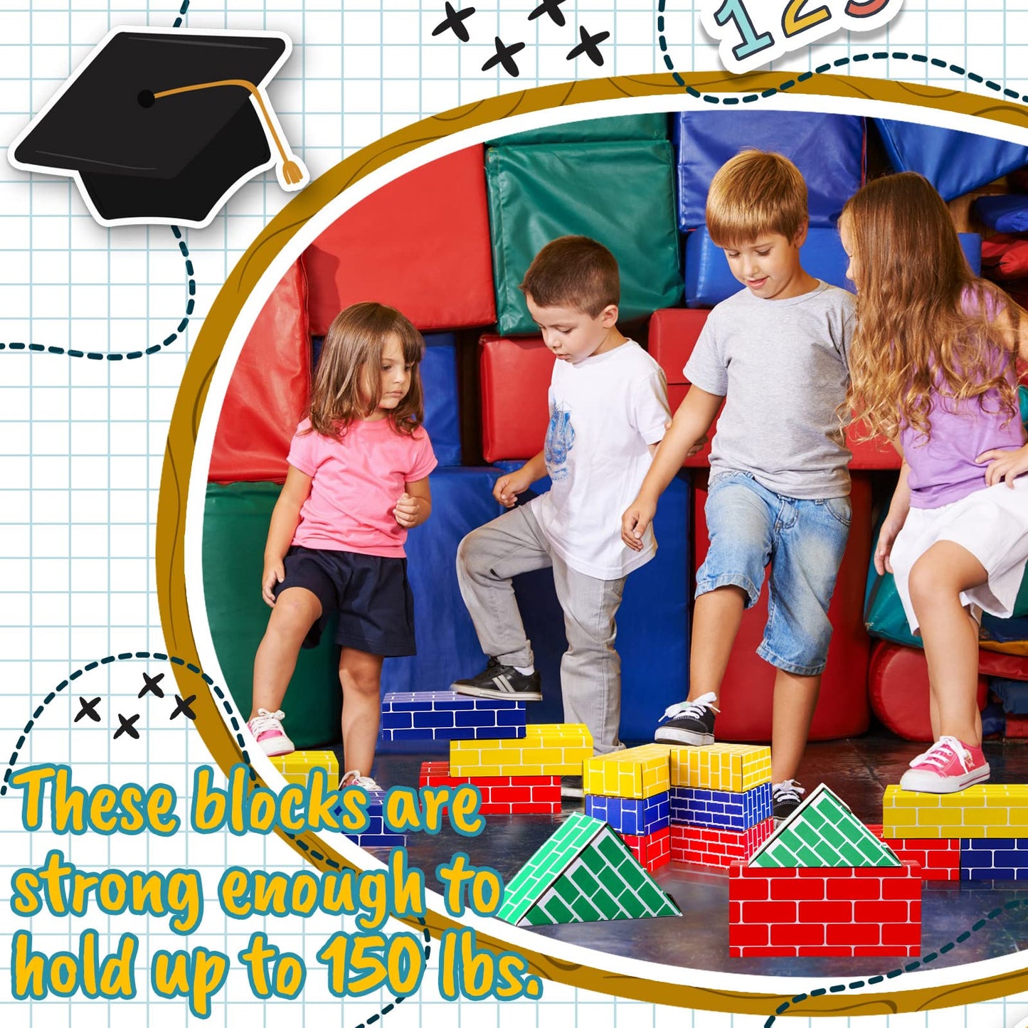 Junkin 48 Pcs Cardboard Building Blocks Extra Thick Jumbo Cardboard Blocks Pretend Blocks Rectangle Square Triangle Stacking Blocks for Kid Educational Learning Play Toys, Blue Yellow Red Green