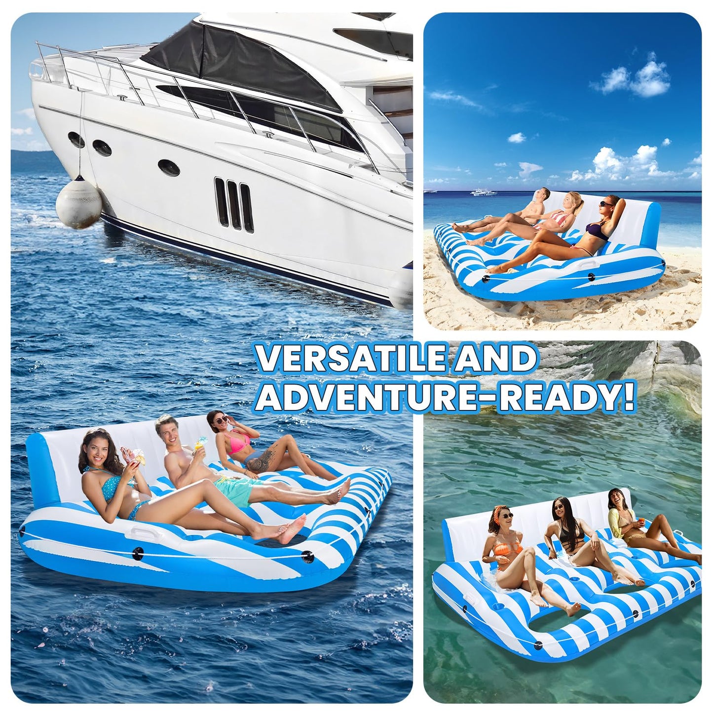 SULDUO 3 Person Inflatable Pool Lounger Float for Adults, Giant Pool Floats Chair Lounge with 3 Backrests and Cup Phone Holder, Water Tanning Pool Raft Party Toys for Outdoor, Beach, Lake, River, Sea